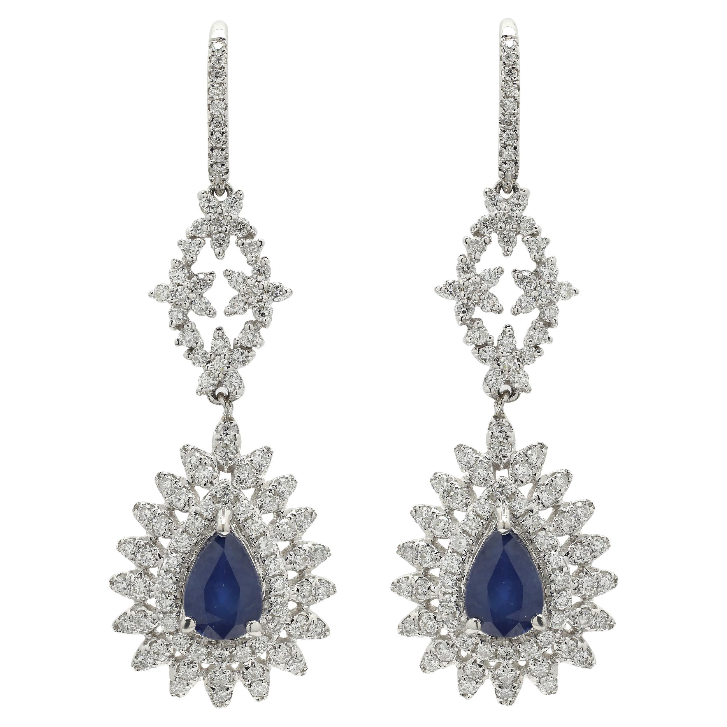 Radiant Blue Sapphire and Diamond Dangle Drop Earrings in 14K White Gold For Sale