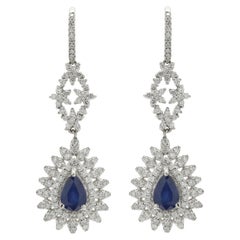Radiant Blue Sapphire and Diamond Dangle Drop Earrings in 14K White Gold