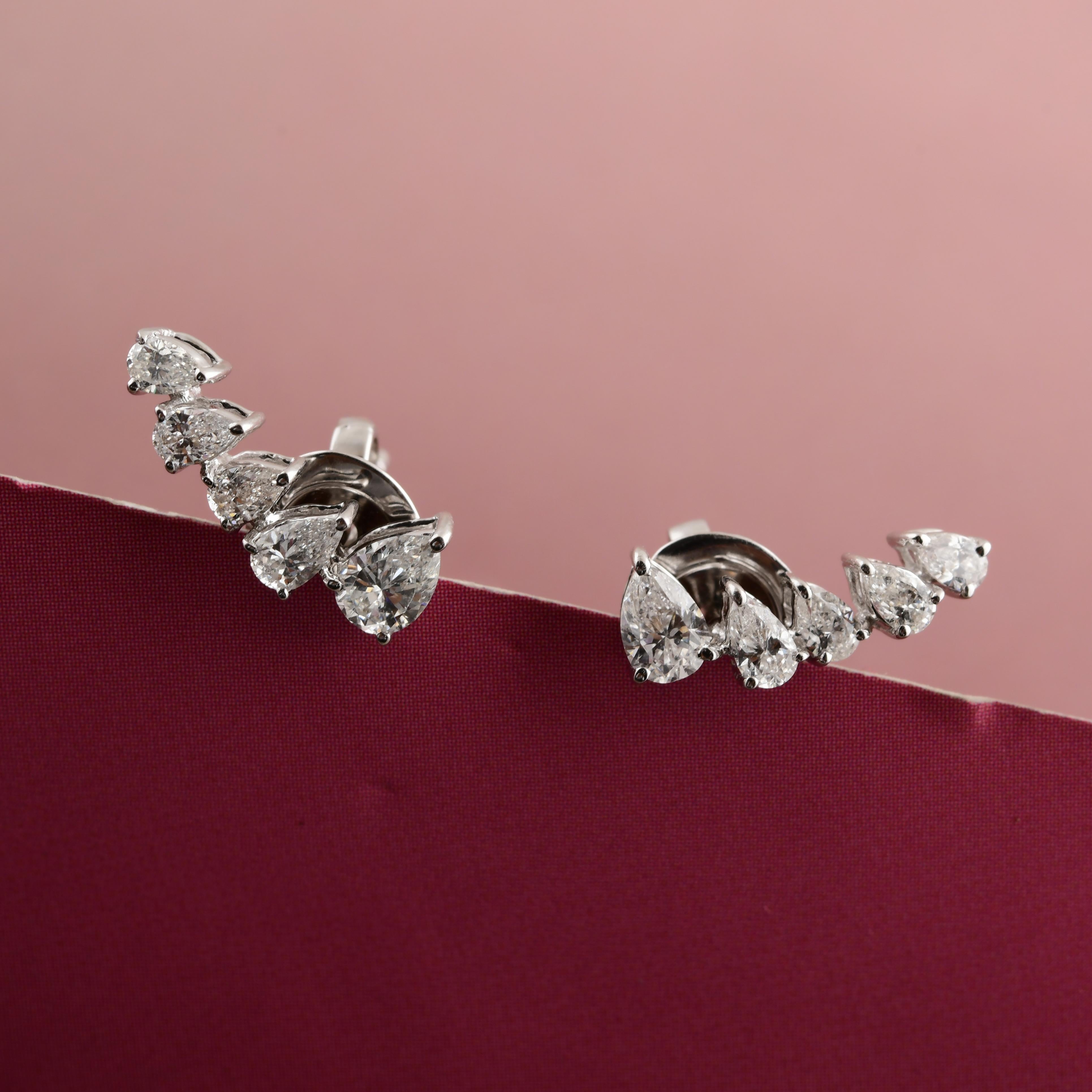 Modernist Radiant Pear Cut SI/HI Diamond Ear Climber Earrings 18k Solid White Gold For Sale
