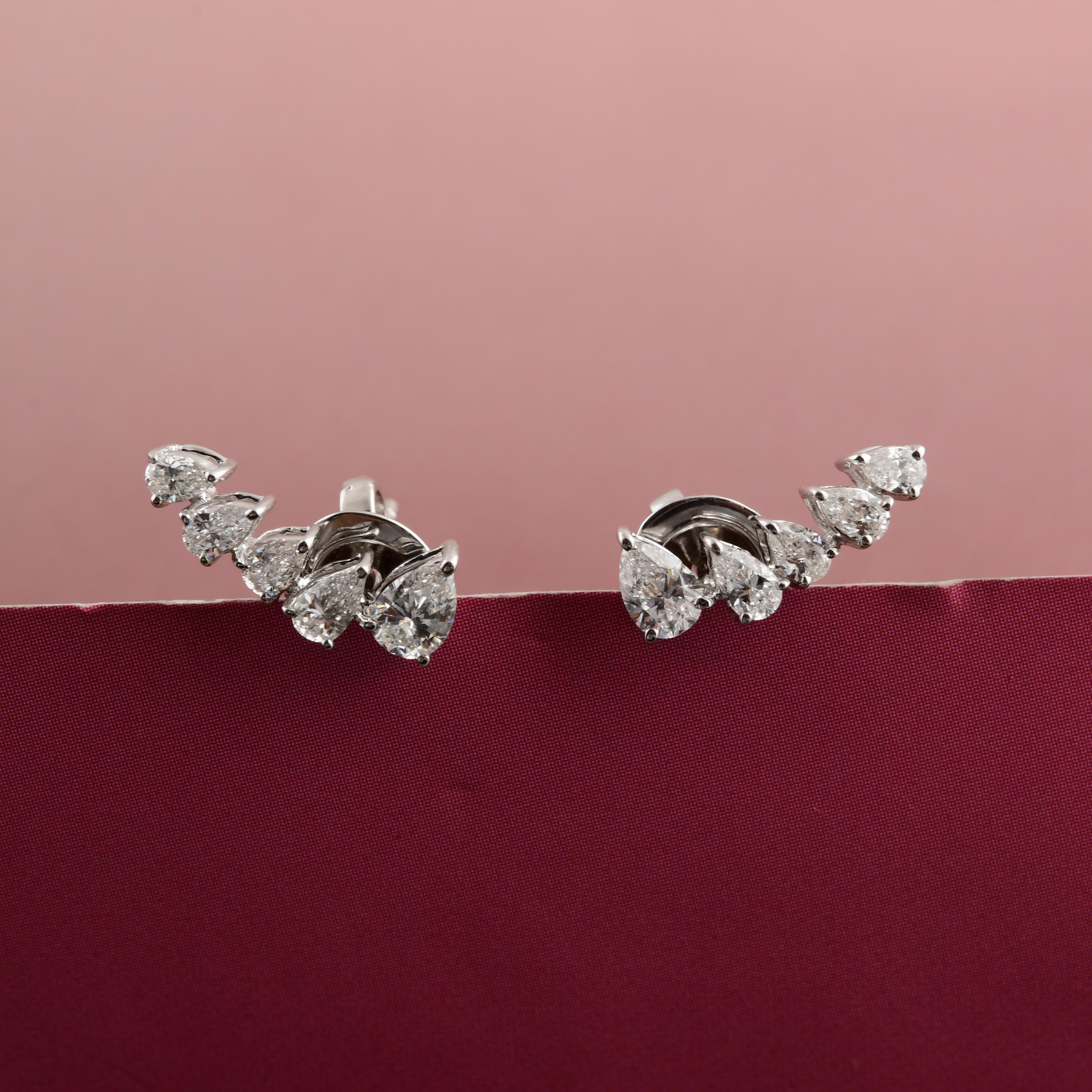Radiant Pear Cut SI/HI Diamond Ear Climber Earrings 18k Solid White Gold For Sale 1