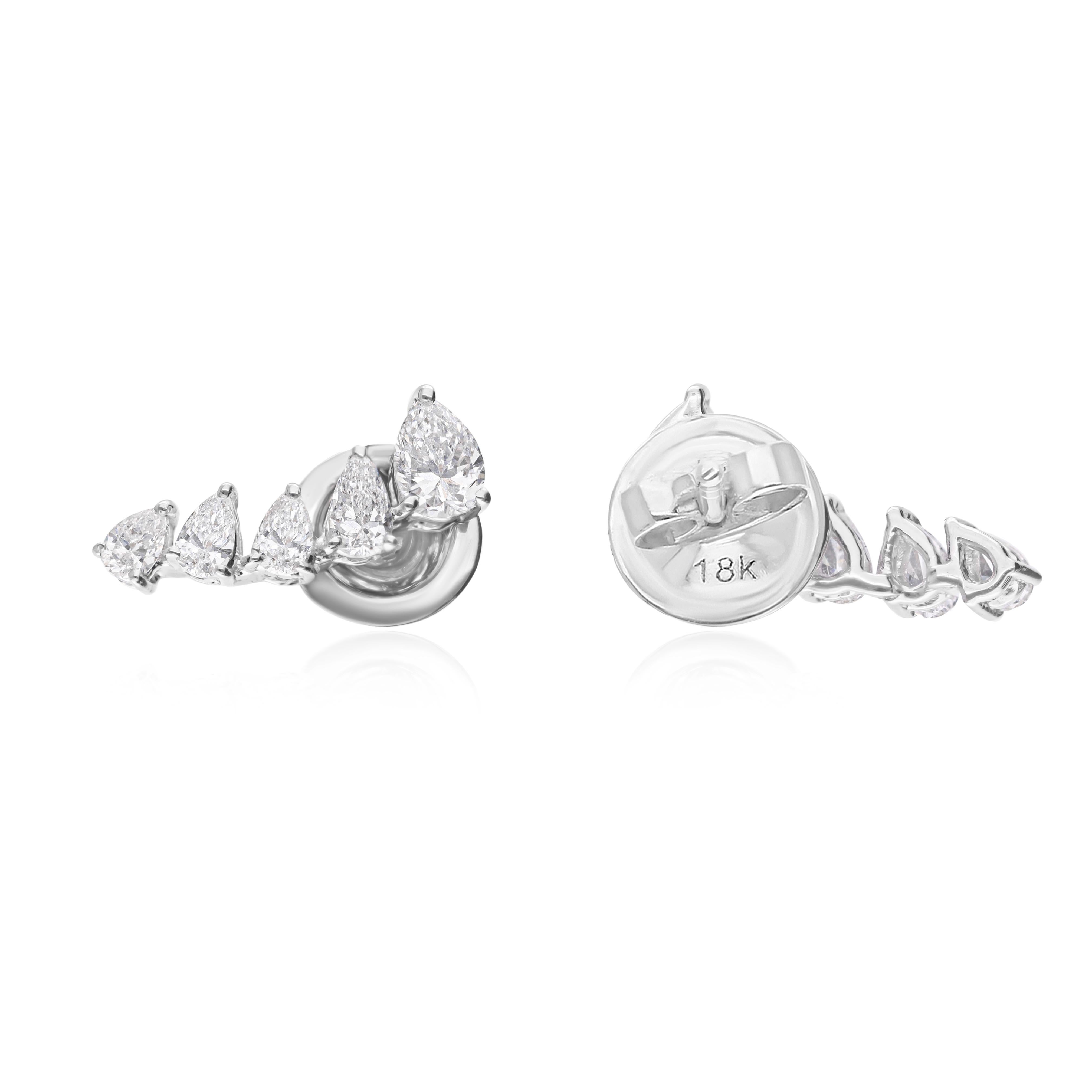 Radiant Pear Cut SI/HI Diamond Ear Climber Earrings 18k Solid White Gold For Sale 3