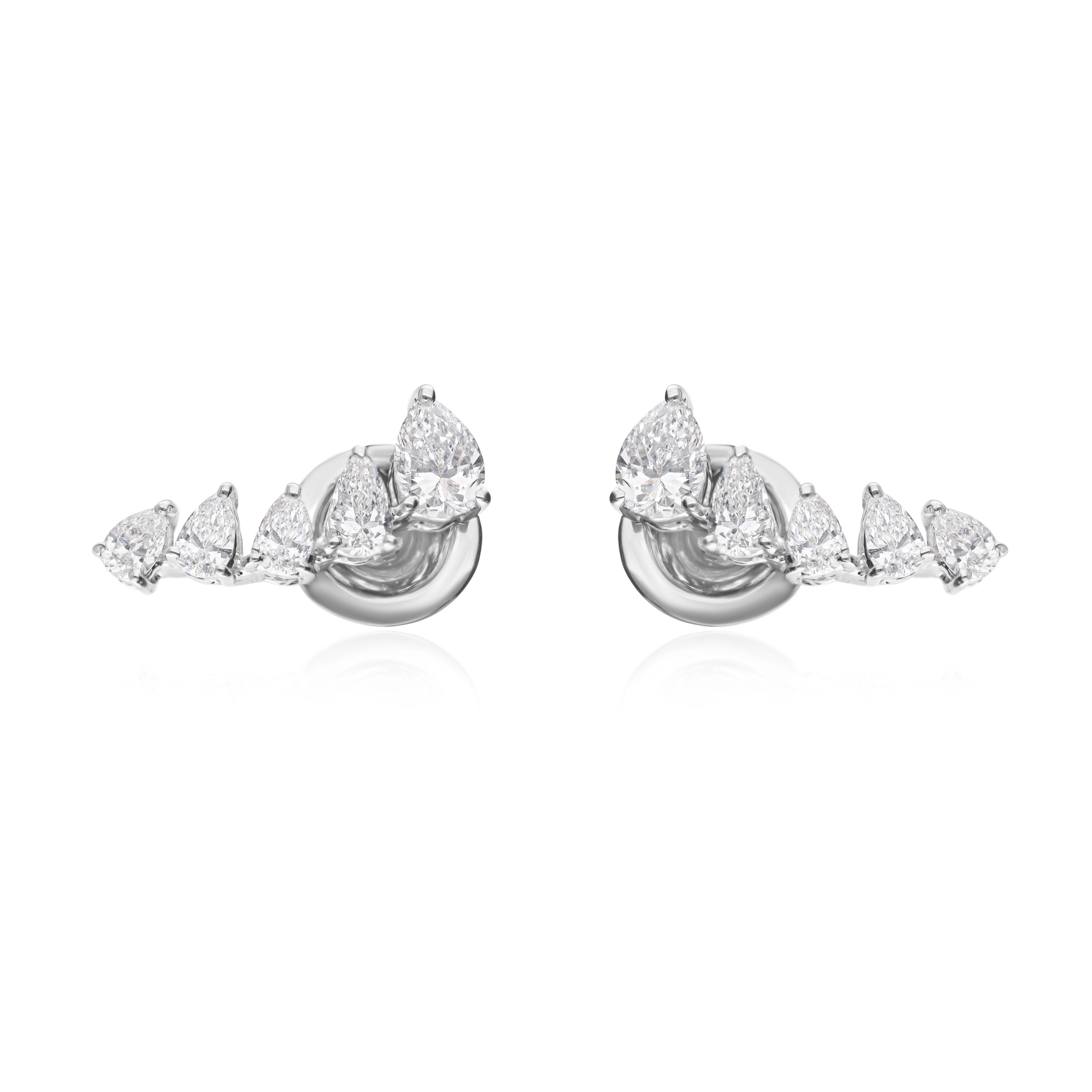 Radiant Pear Cut SI/HI Diamond Ear Climber Earrings 18k Solid White Gold For Sale 4