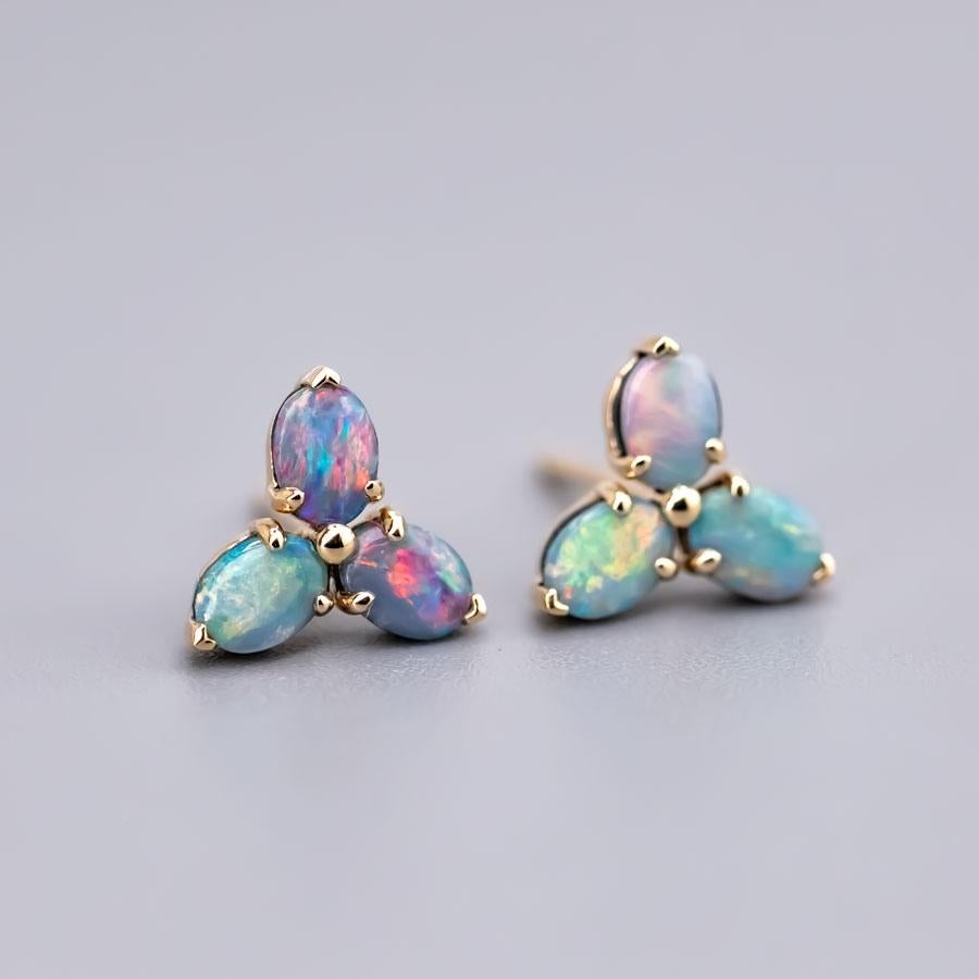 Arts and Crafts Radiant Rainbow Hues Doublet Opal Trio Stud Earrings 14K Gold For Sale