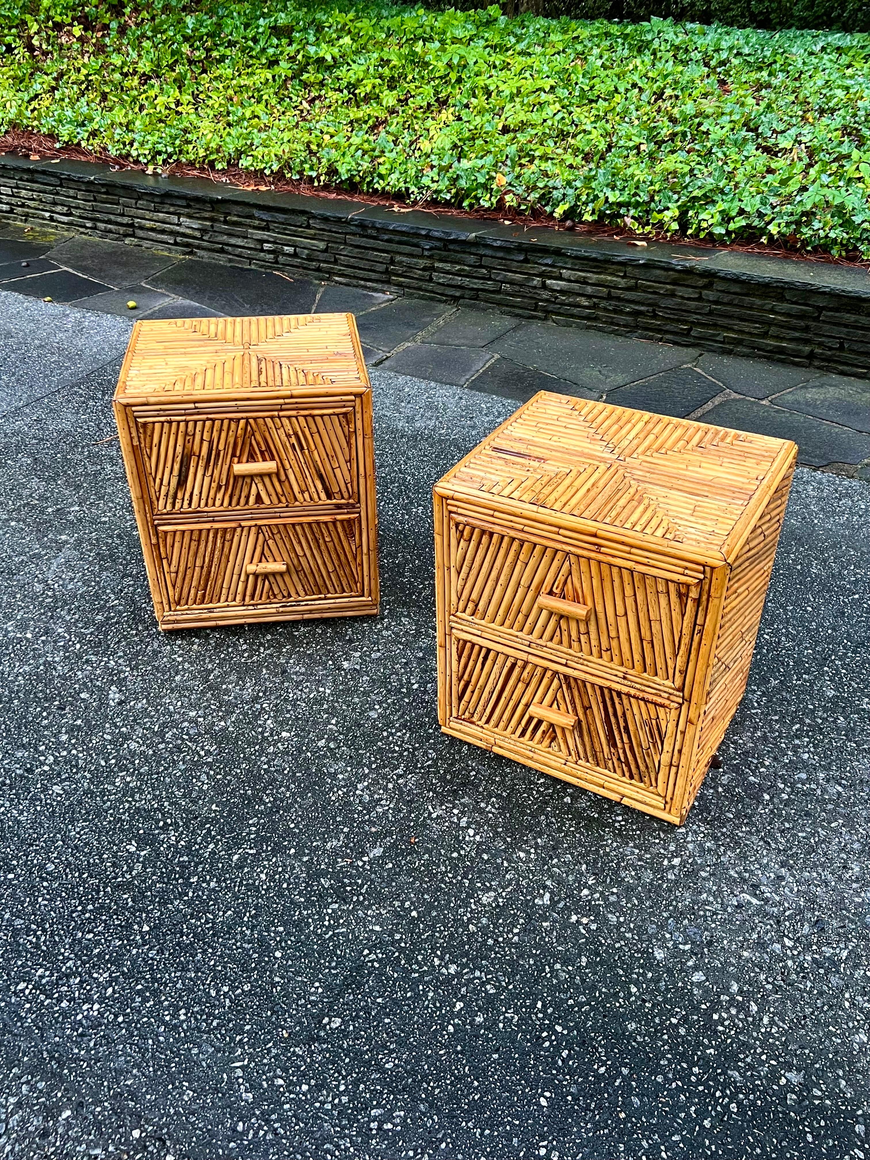 Radiant Restored Pair of Bamboo and Mahogany Cube Small Chests, circa 1970 For Sale 4