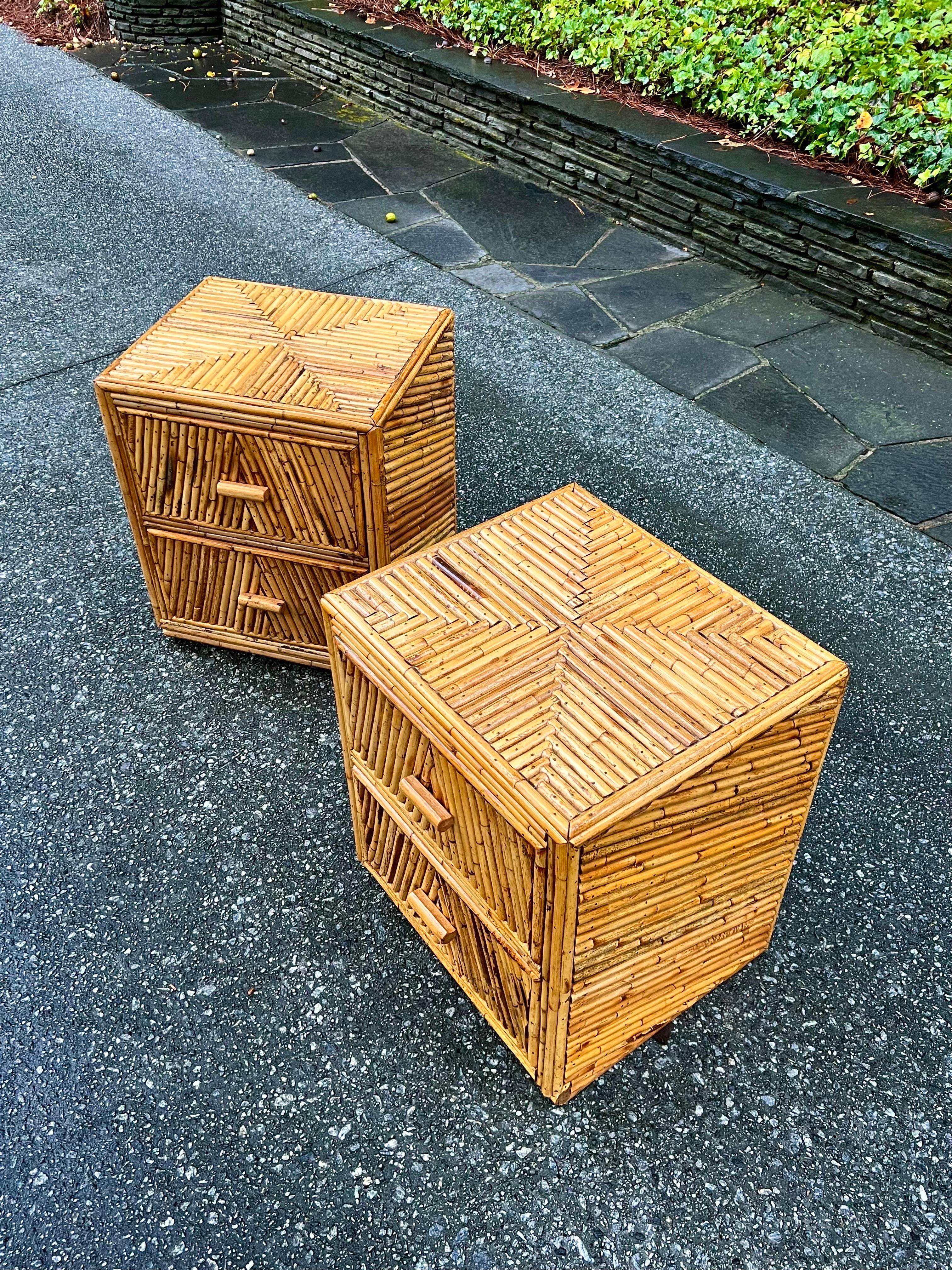 Radiant Restored Pair of Bamboo and Mahogany Cube Small Chests, circa 1970 For Sale 5