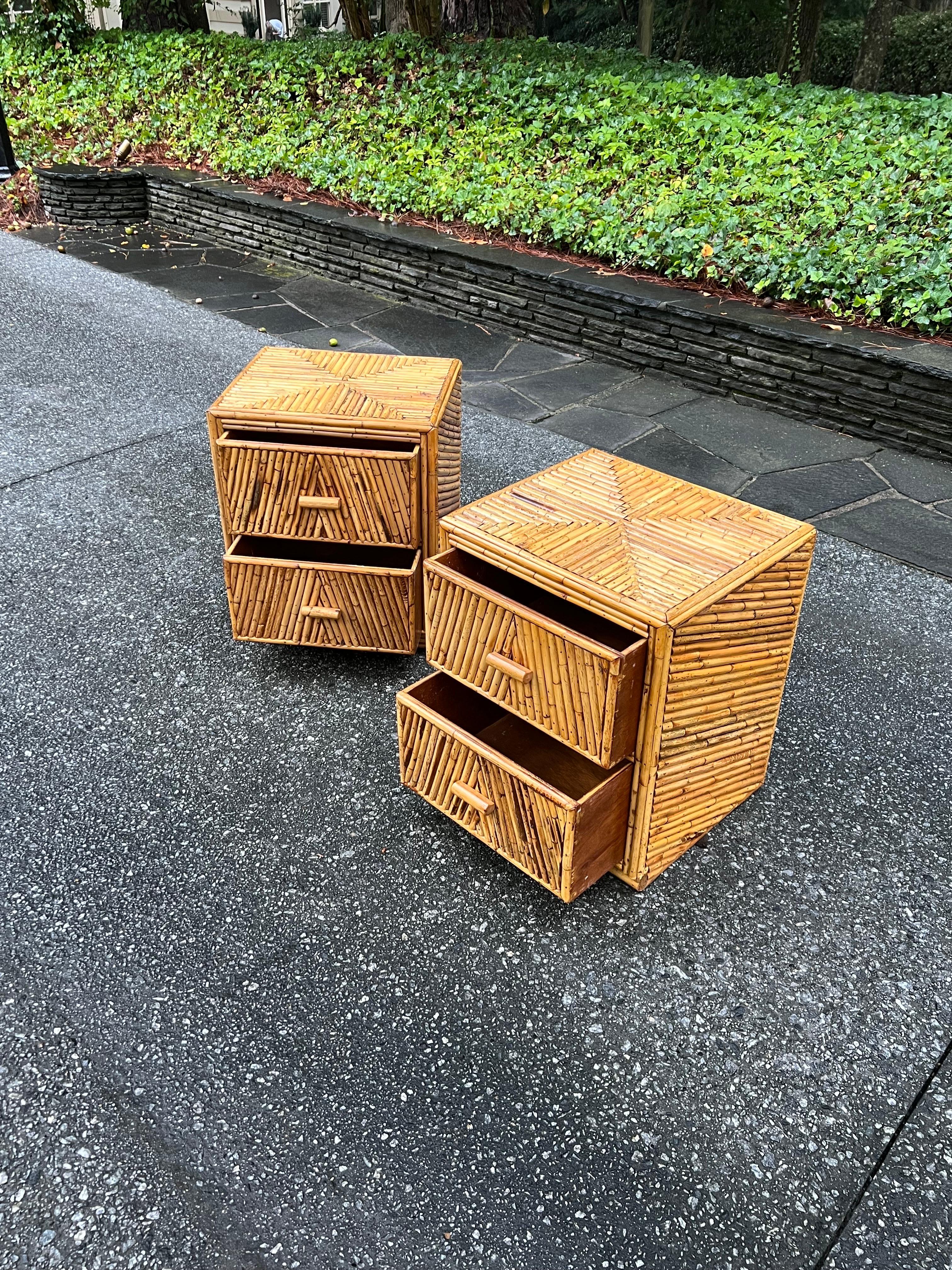 Radiant Restored Pair of Bamboo and Mahogany Cube Small Chests, circa 1970 For Sale 6