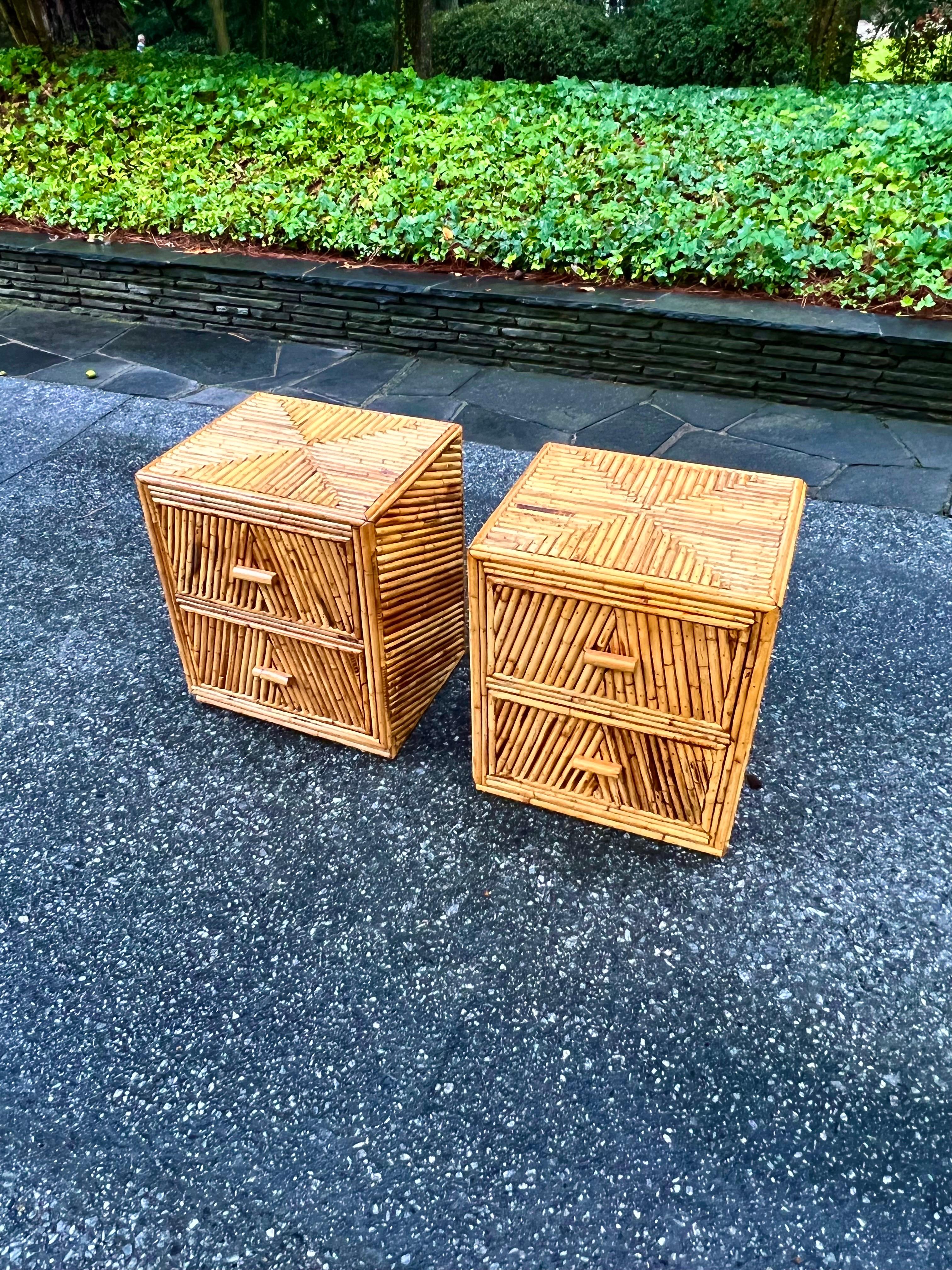 Radiant Restored Pair of Bamboo and Mahogany Cube Small Chests, circa 1970 For Sale 7