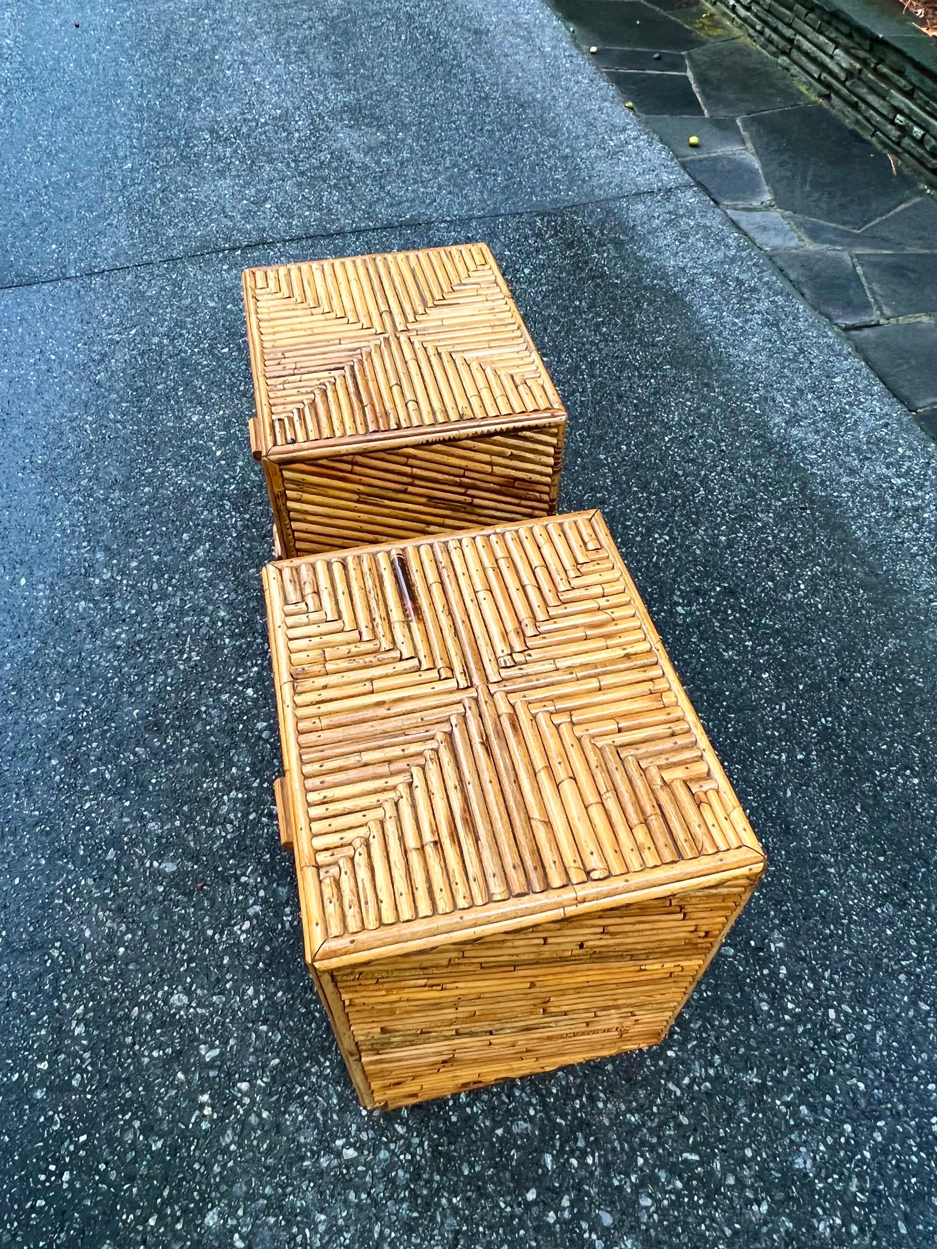 Radiant Restored Pair of Bamboo and Mahogany Cube Small Chests, circa 1970 For Sale 8