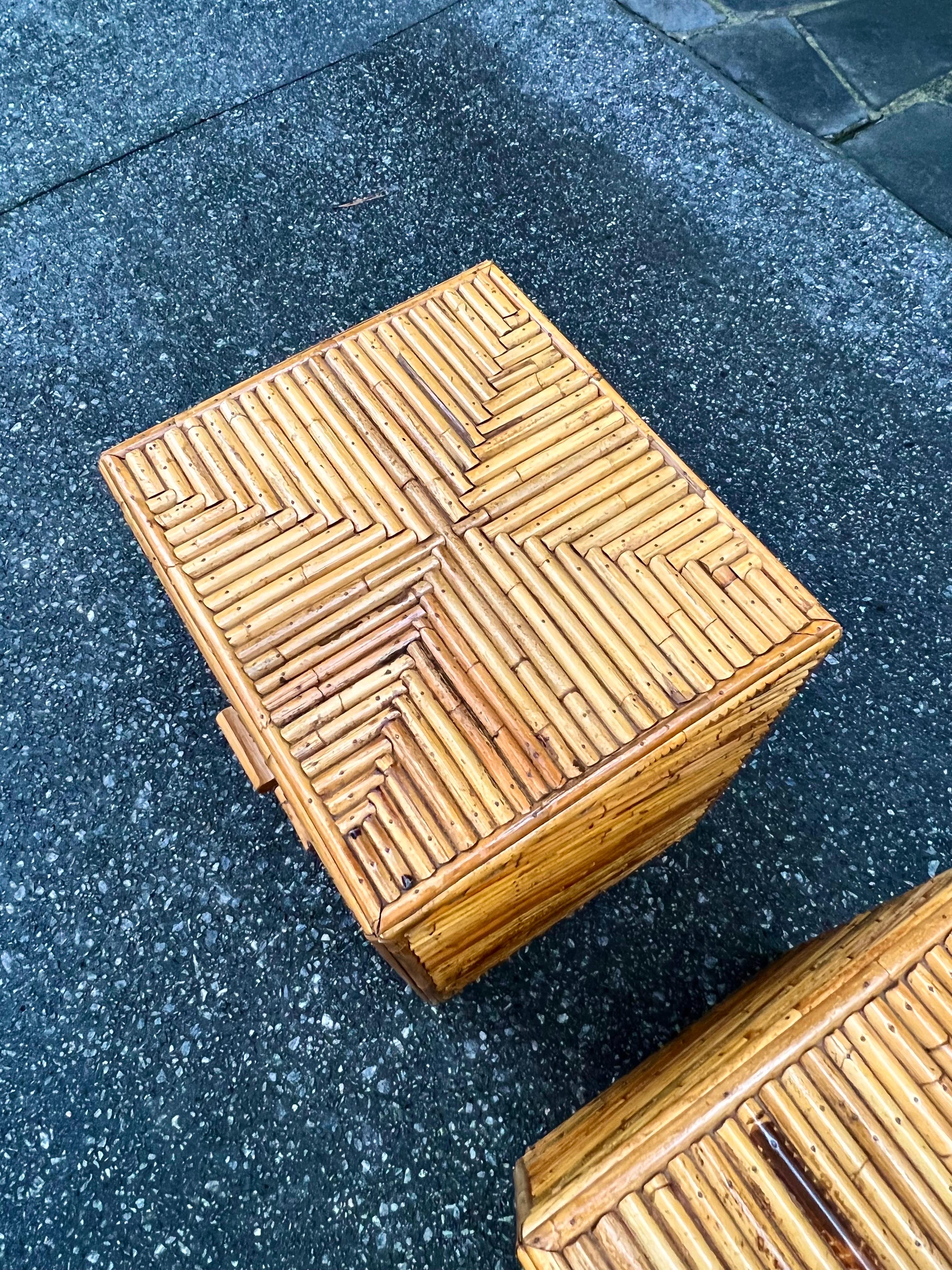 Radiant Restored Pair of Bamboo and Mahogany Cube Small Chests, circa 1970 For Sale 10