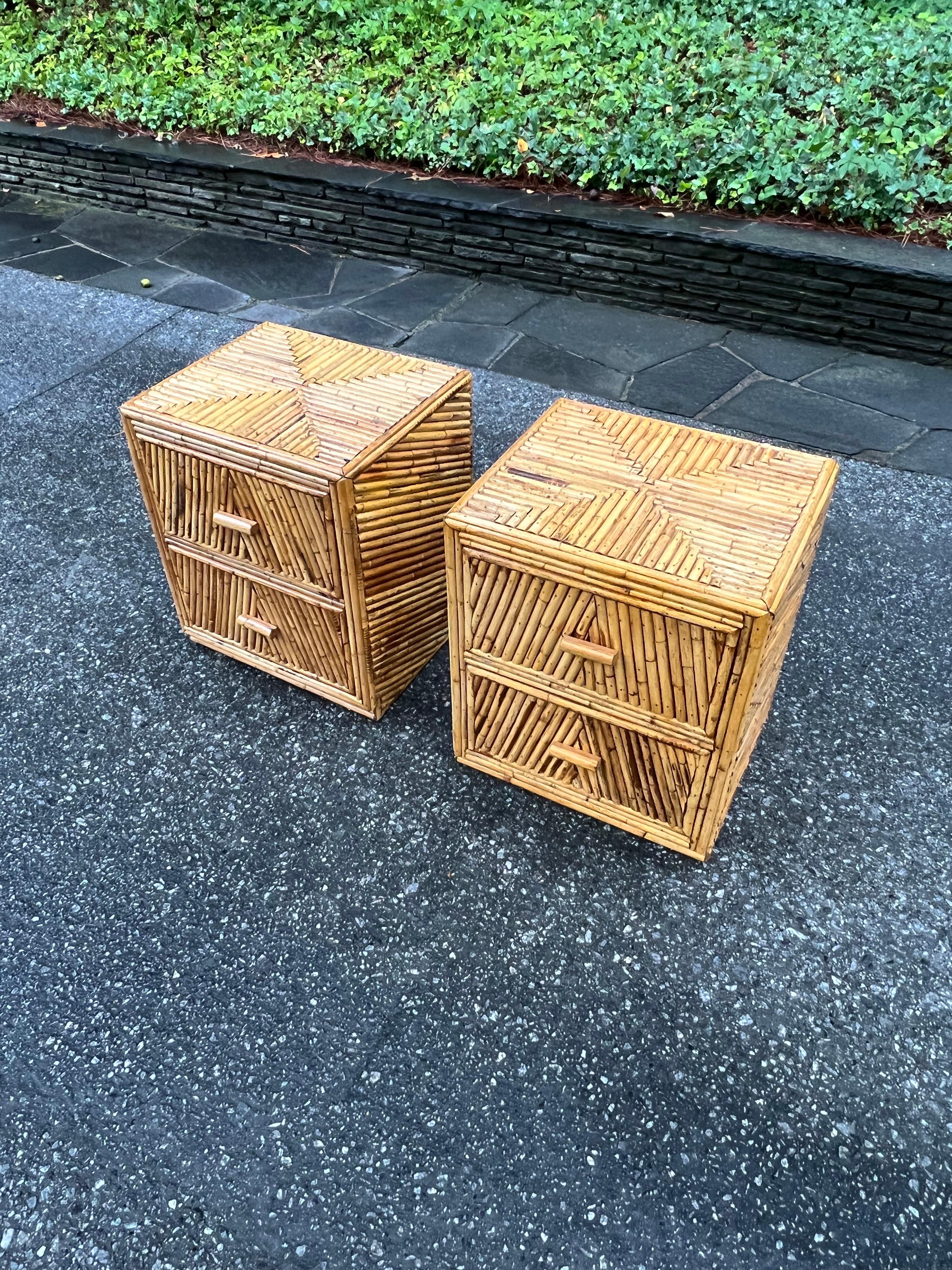 Radiant Restored Pair of Bamboo and Mahogany Cube Small Chests, circa 1970 For Sale 11