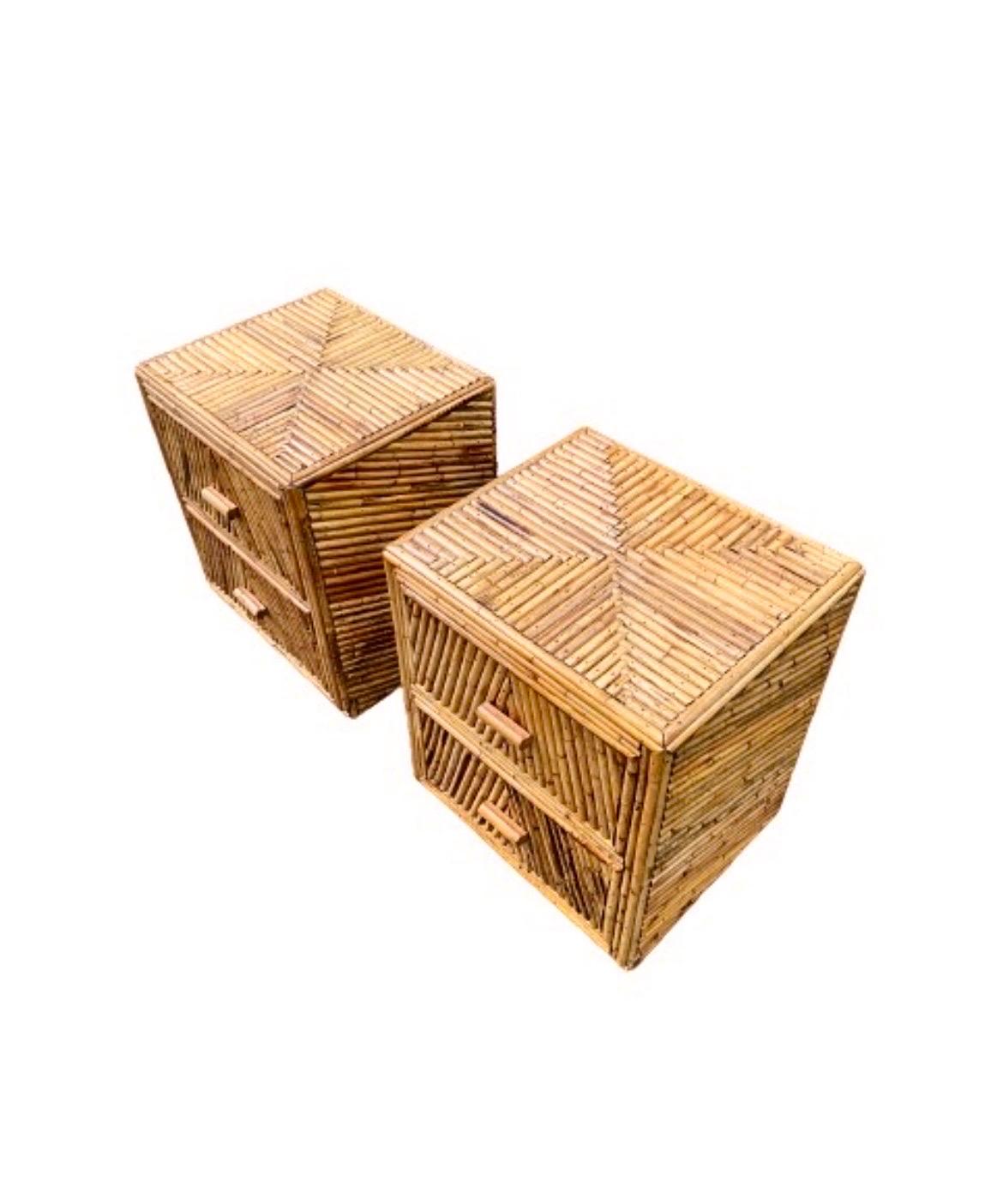 Radiant Restored Pair of Bamboo and Mahogany Cube Small Chests, circa 1970 For Sale 13
