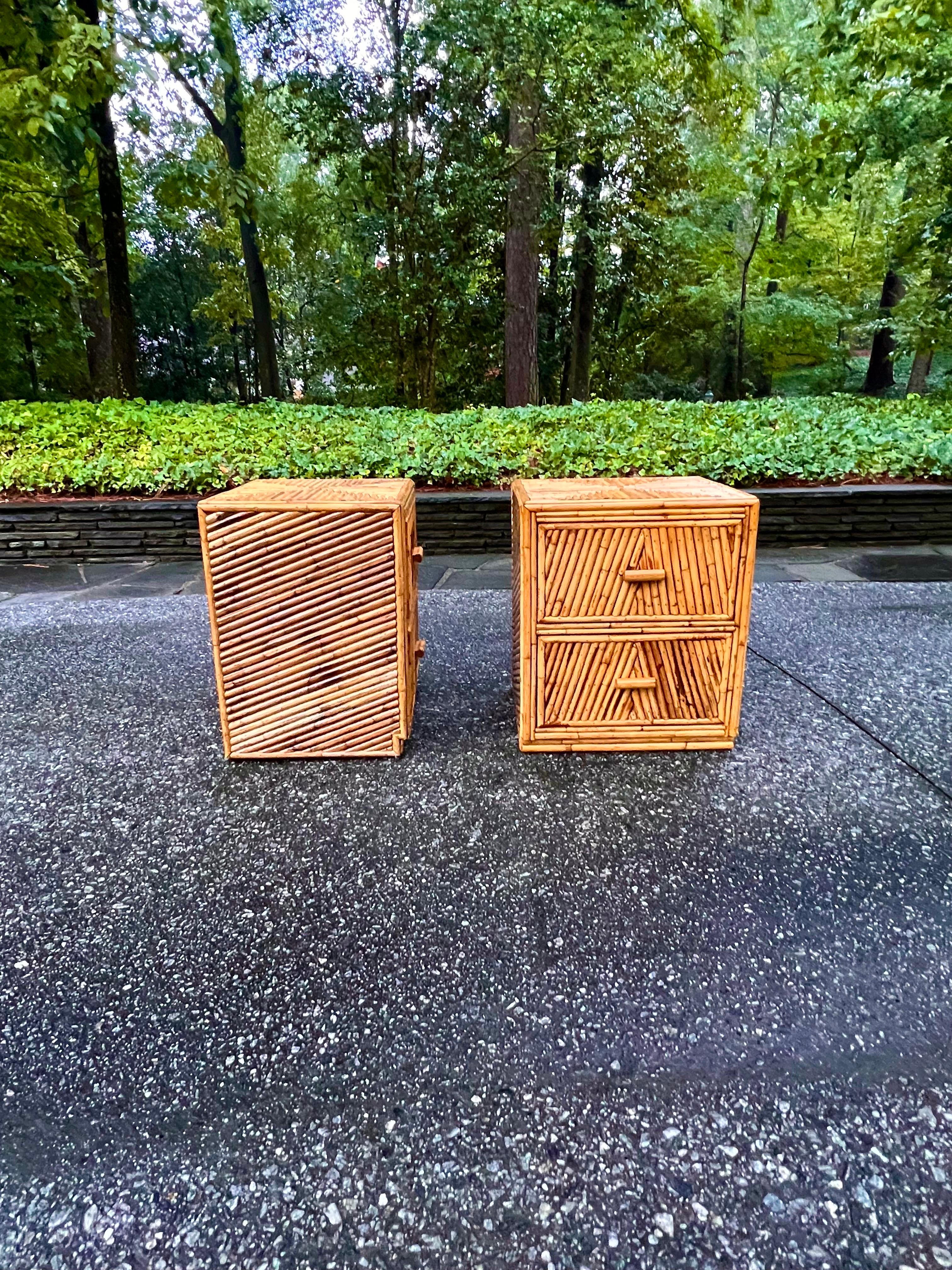 Organic Modern Radiant Restored Pair of Bamboo and Mahogany Cube Small Chests, circa 1970 For Sale