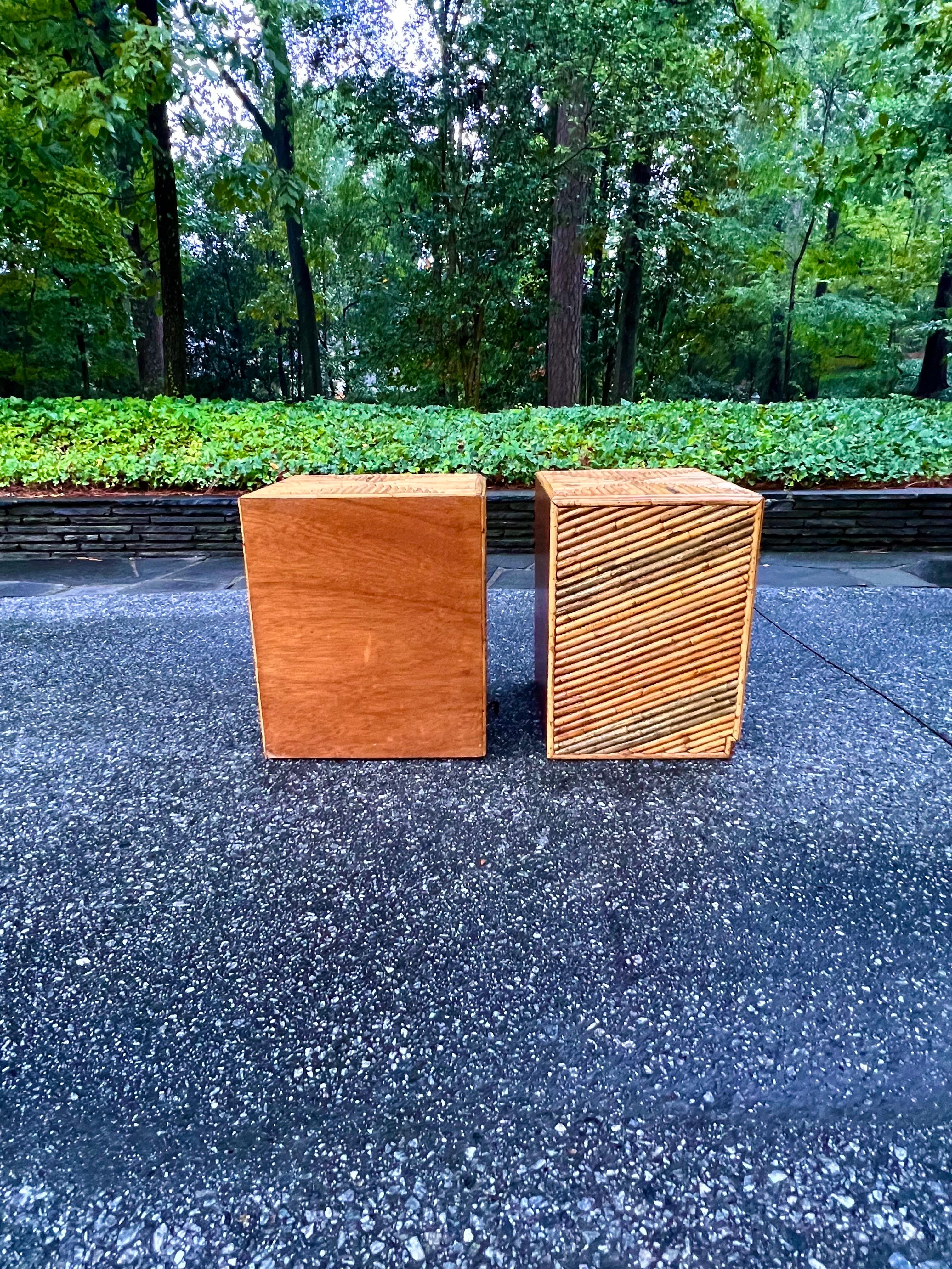 Radiant Restored Pair of Bamboo and Mahogany Cube Small Chests, circa 1970 In Excellent Condition For Sale In Atlanta, GA