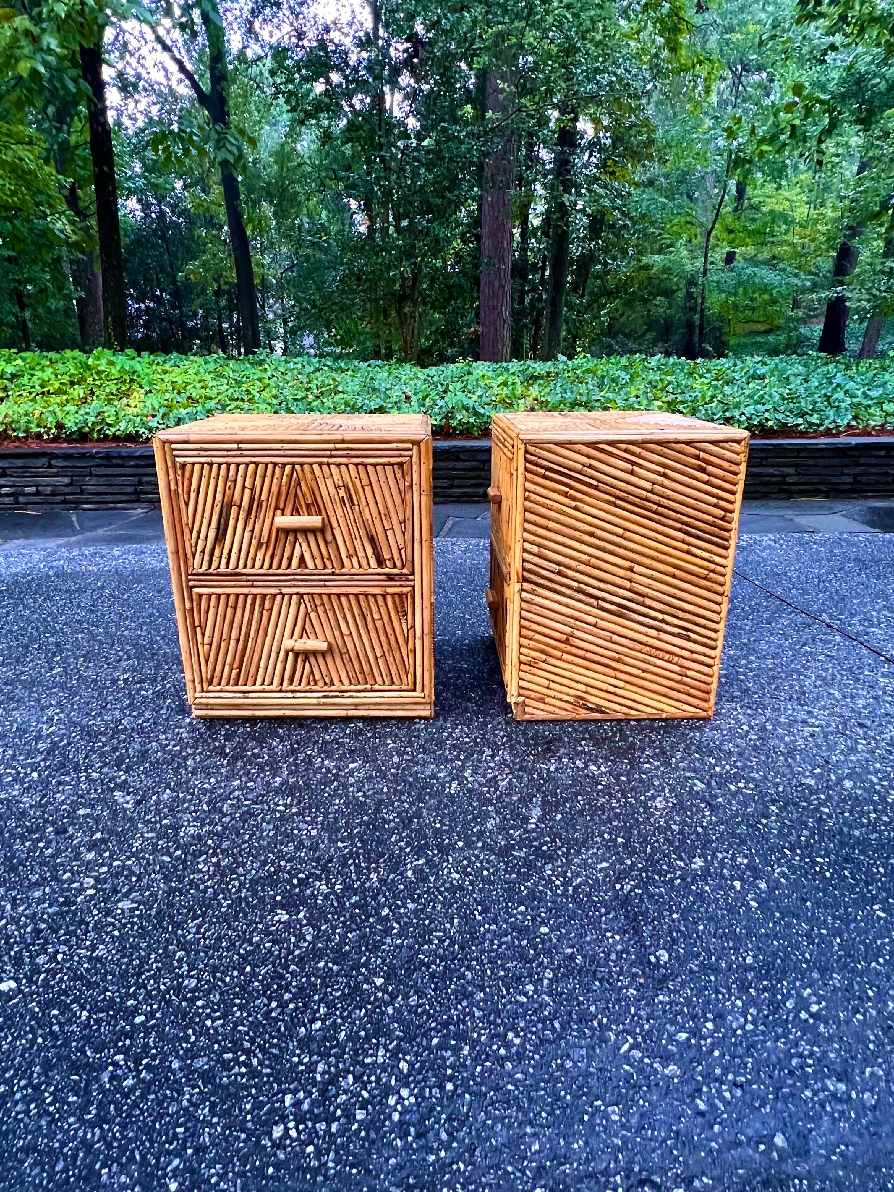 Radiant Restored Pair of Bamboo and Mahogany Cube Small Chests, circa 1970 For Sale 3