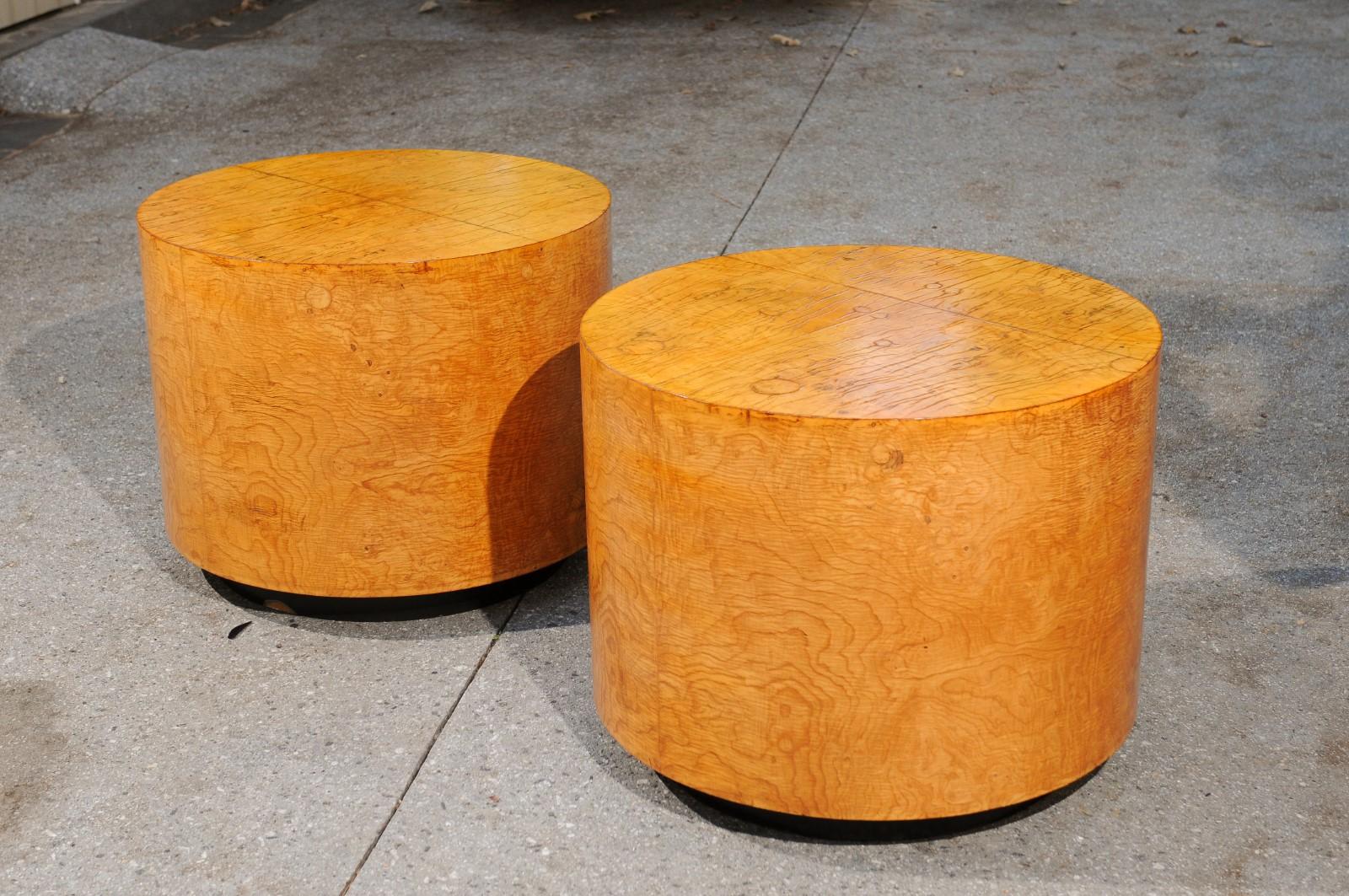 Radiant Restored Pair of Large Scale Olivewood Cylinder Tables, circa 1975 For Sale 3