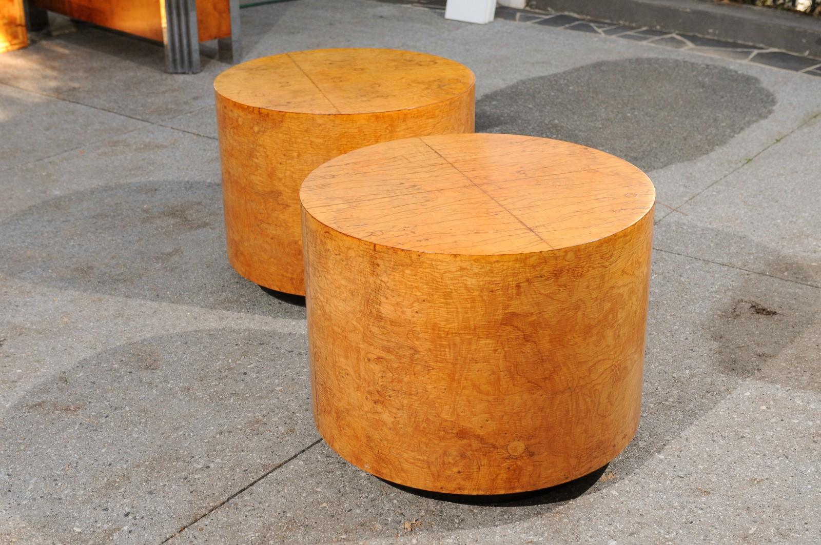Radiant Restored Pair of Large Scale Olivewood Cylinder Tables, circa 1975 For Sale 6