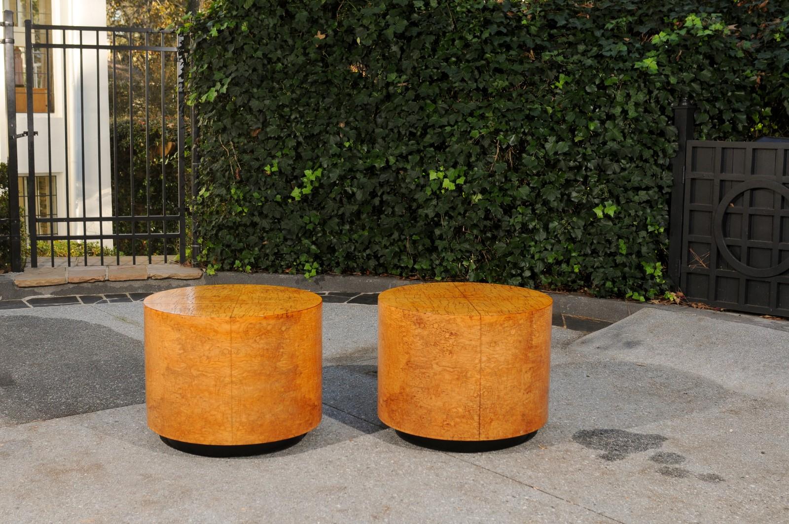 Mid-Century Modern Radiant Restored Pair of Large Scale Olivewood Cylinder Tables, circa 1975 For Sale