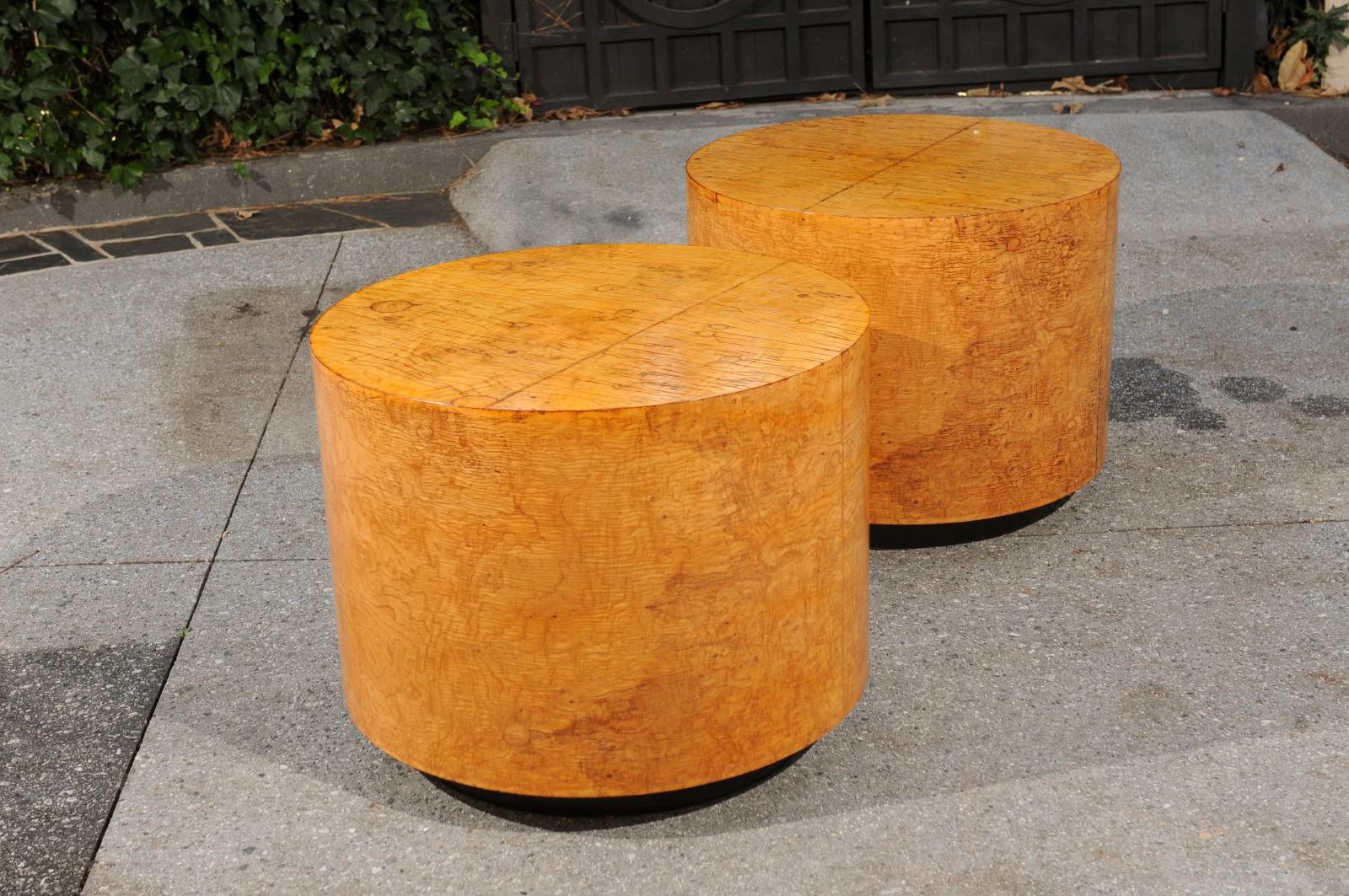 Radiant Restored Pair of Large Scale Olivewood Cylinder Tables, circa 1975 For Sale 1