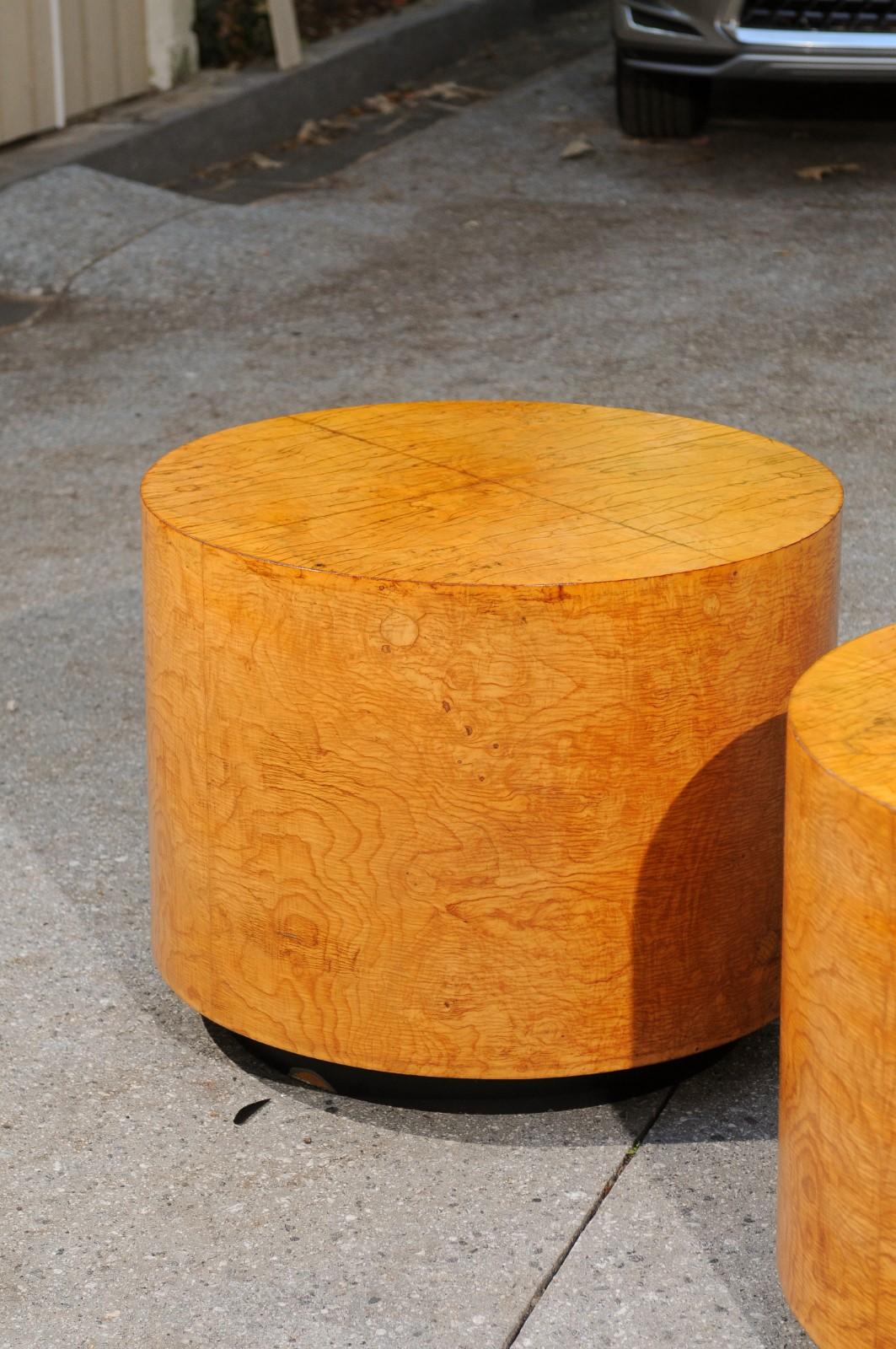 Radiant Restored Pair of Large Scale Olivewood Cylinder Tables, circa 1975 For Sale 2