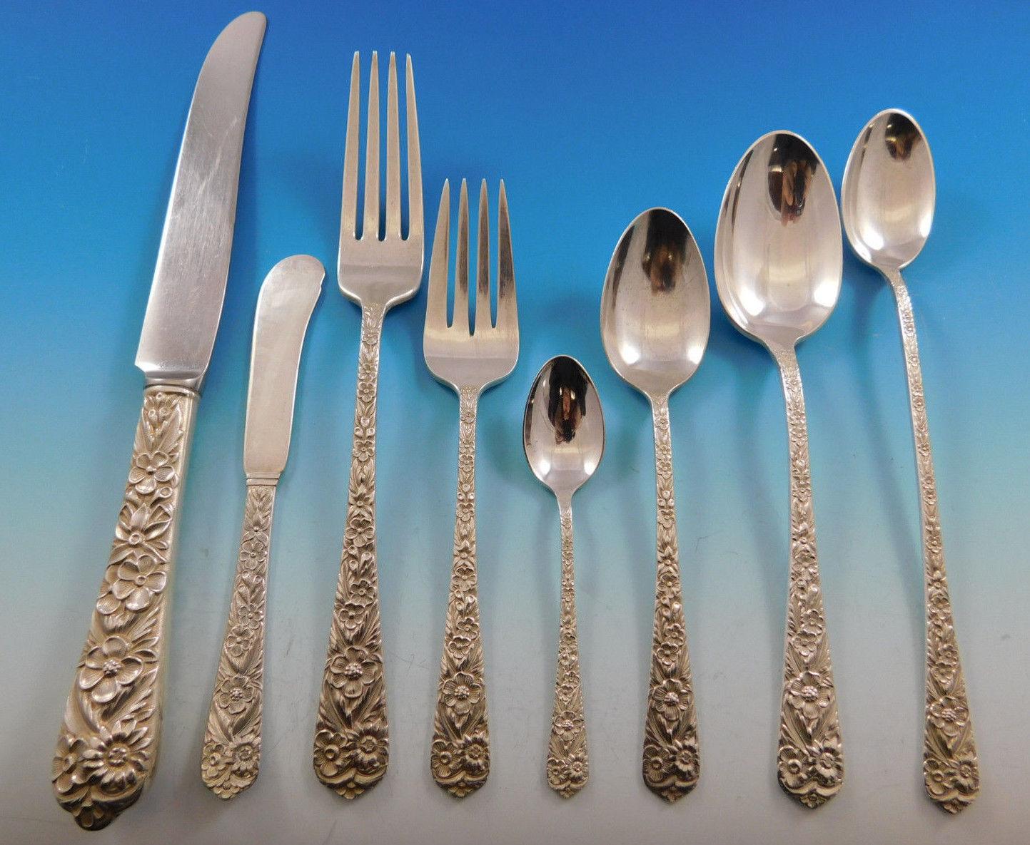 Dinner size radiant rose by International repoussed sterling silver flatware set, 51 pieces. This set includes:

Six dinner size knives, 9 1/2