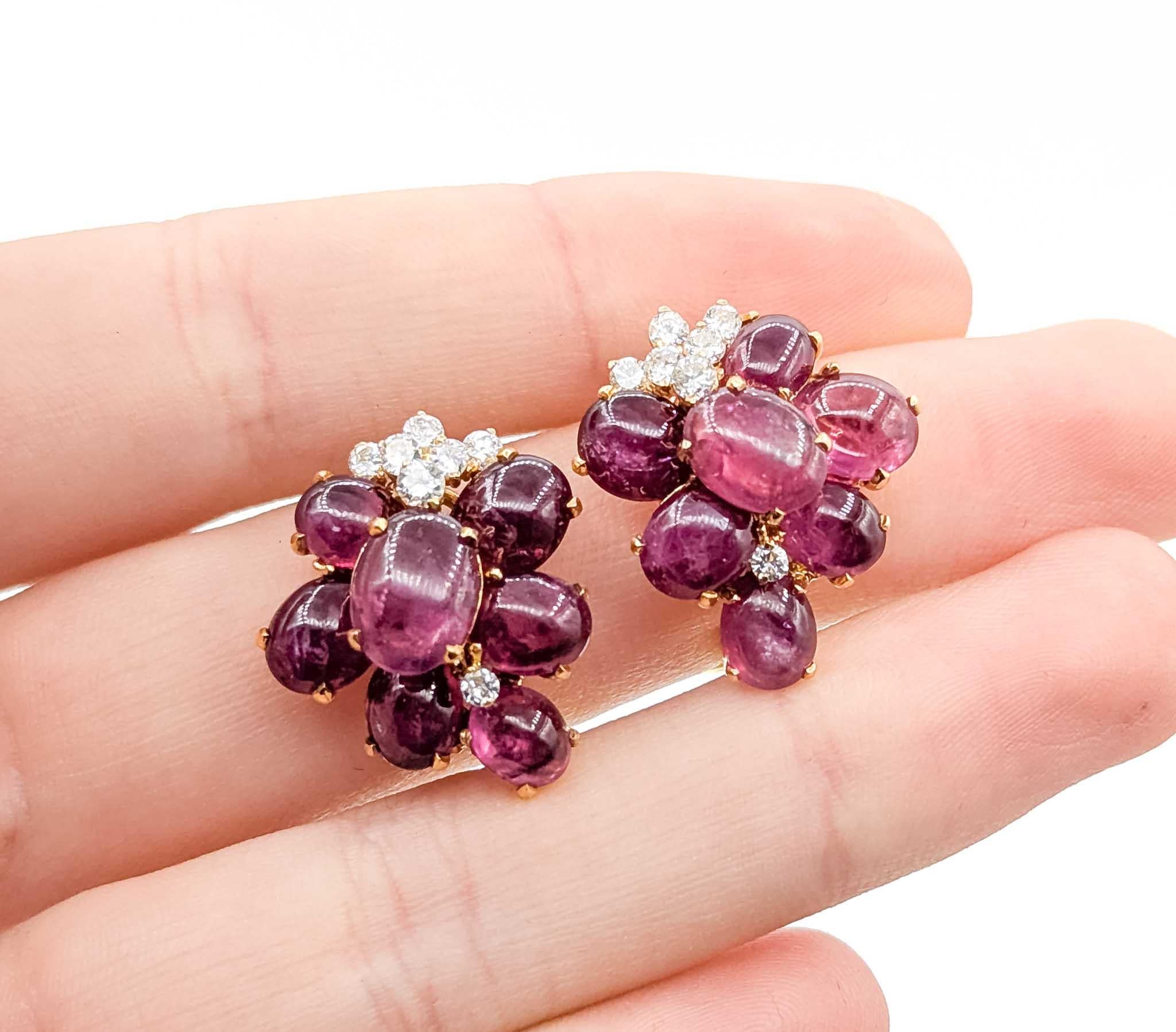 Contemporary Radiant Ruby and Diamond 18k Yellow Gold Earrings For Sale