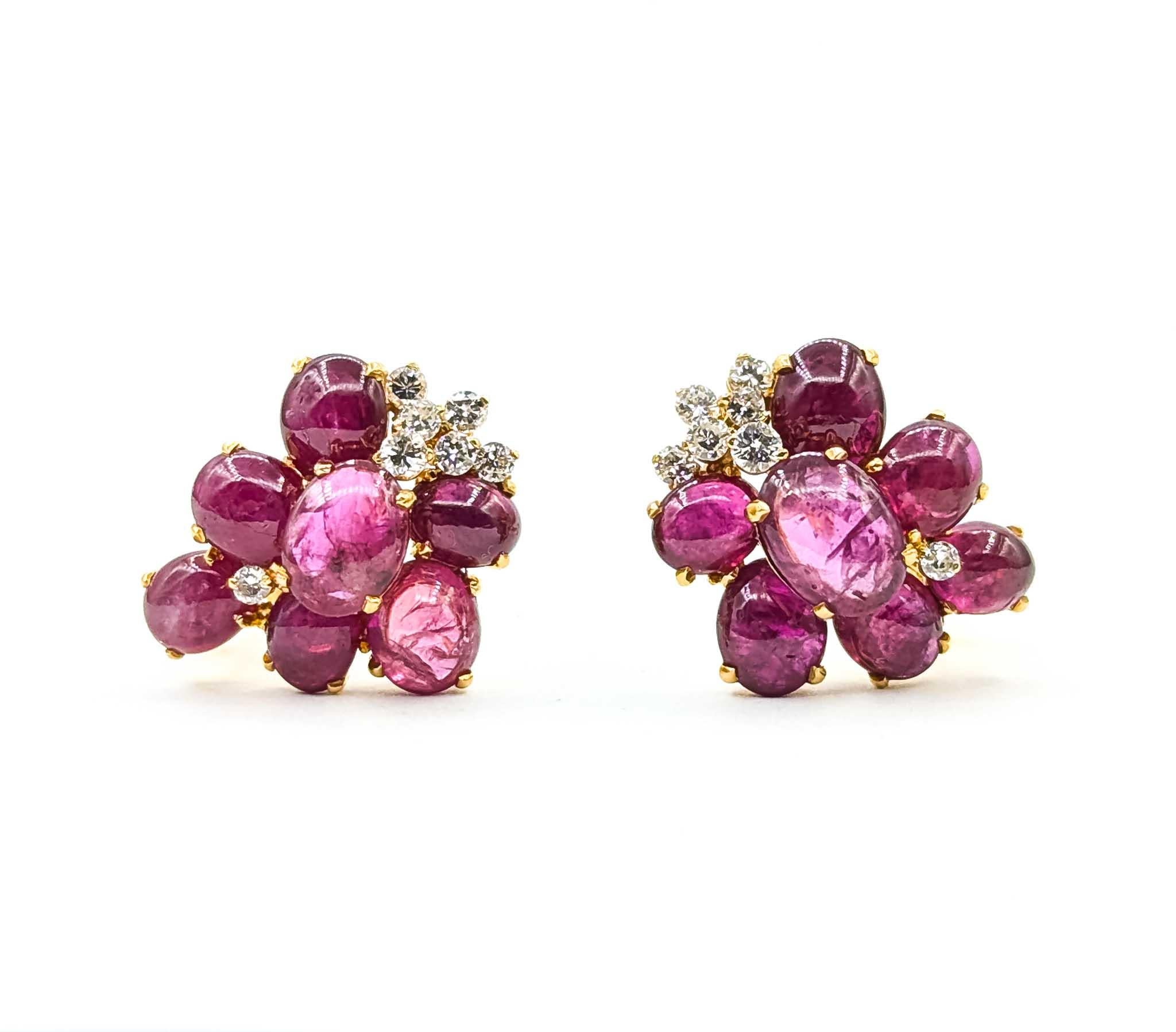 Round Cut Radiant Ruby and Diamond 18k Yellow Gold Earrings For Sale
