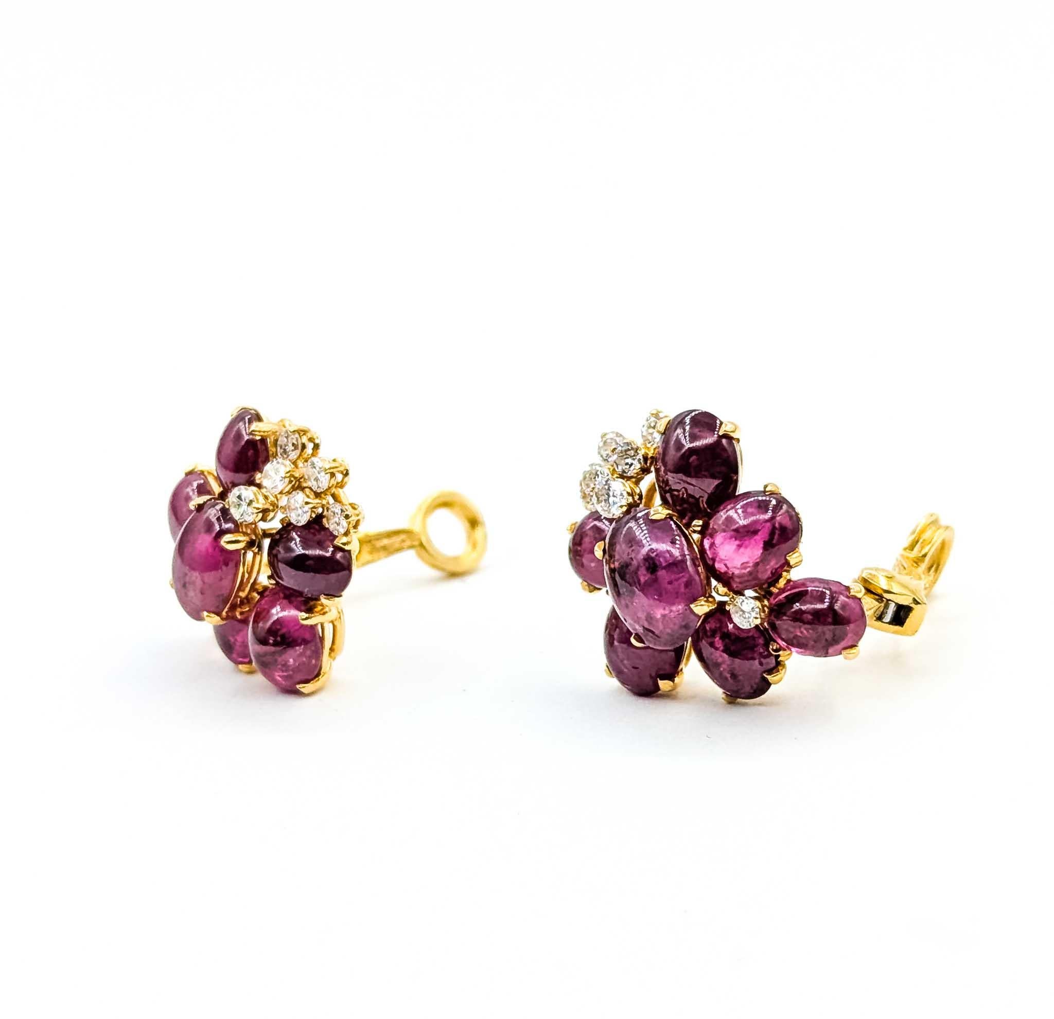 Radiant Ruby and Diamond 18k Yellow Gold Earrings In Excellent Condition For Sale In Bloomington, MN
