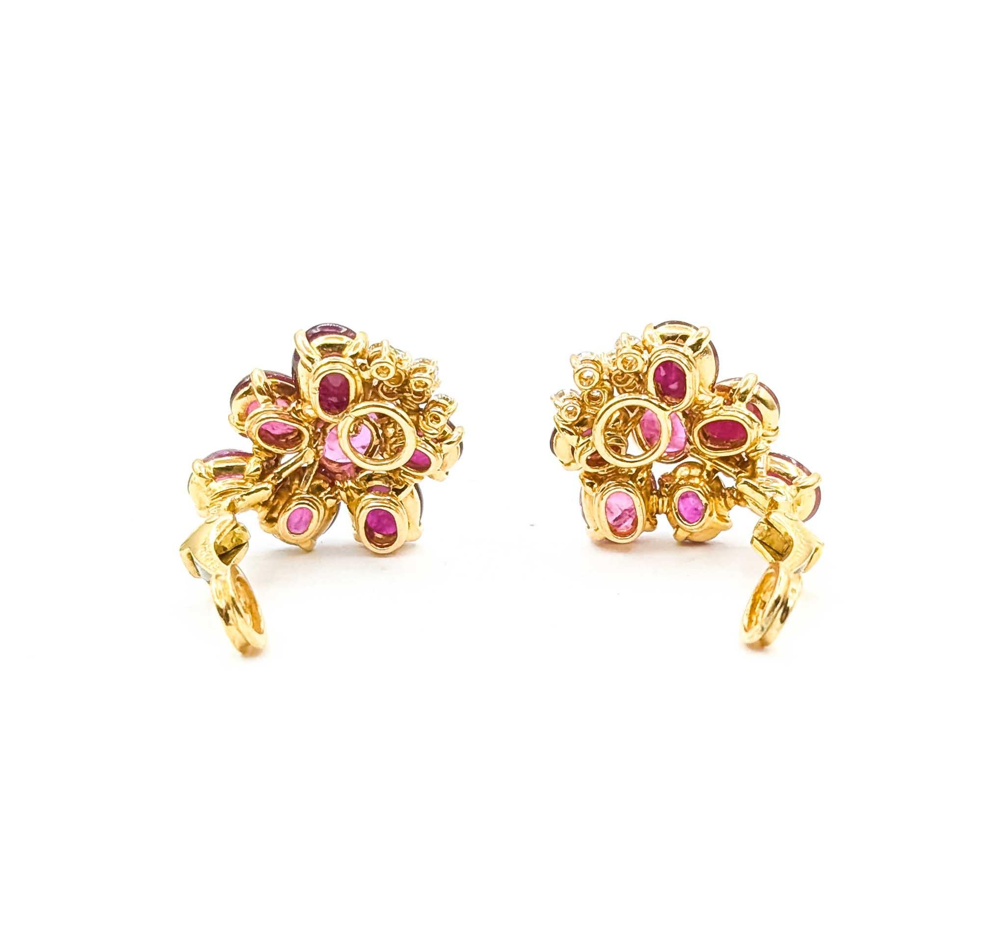 Women's Radiant Ruby and Diamond 18k Yellow Gold Earrings For Sale