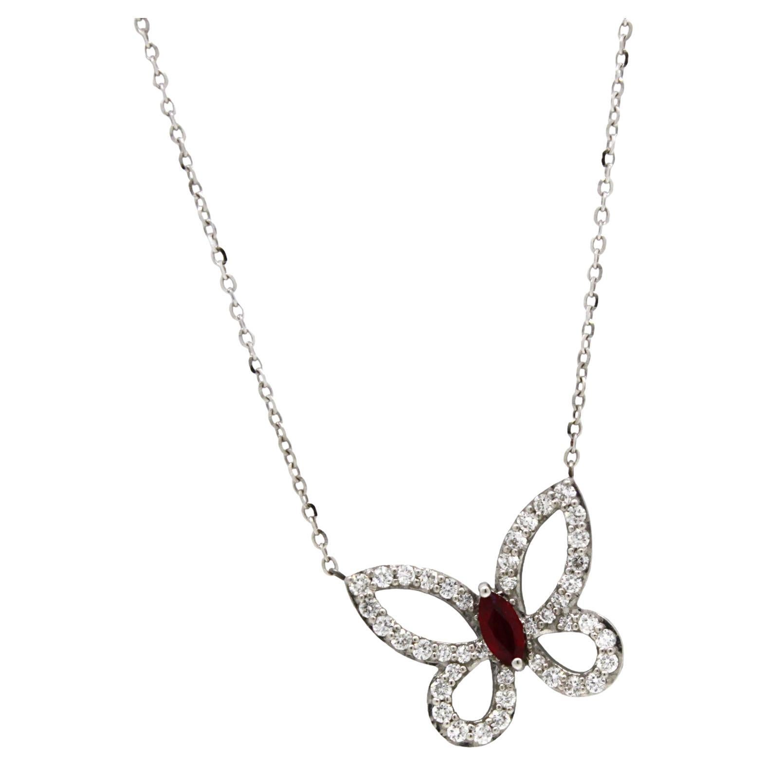 Radiant Ruby Butterfly, a Stunning Diamond-Accented Pendant Necklace For Sale