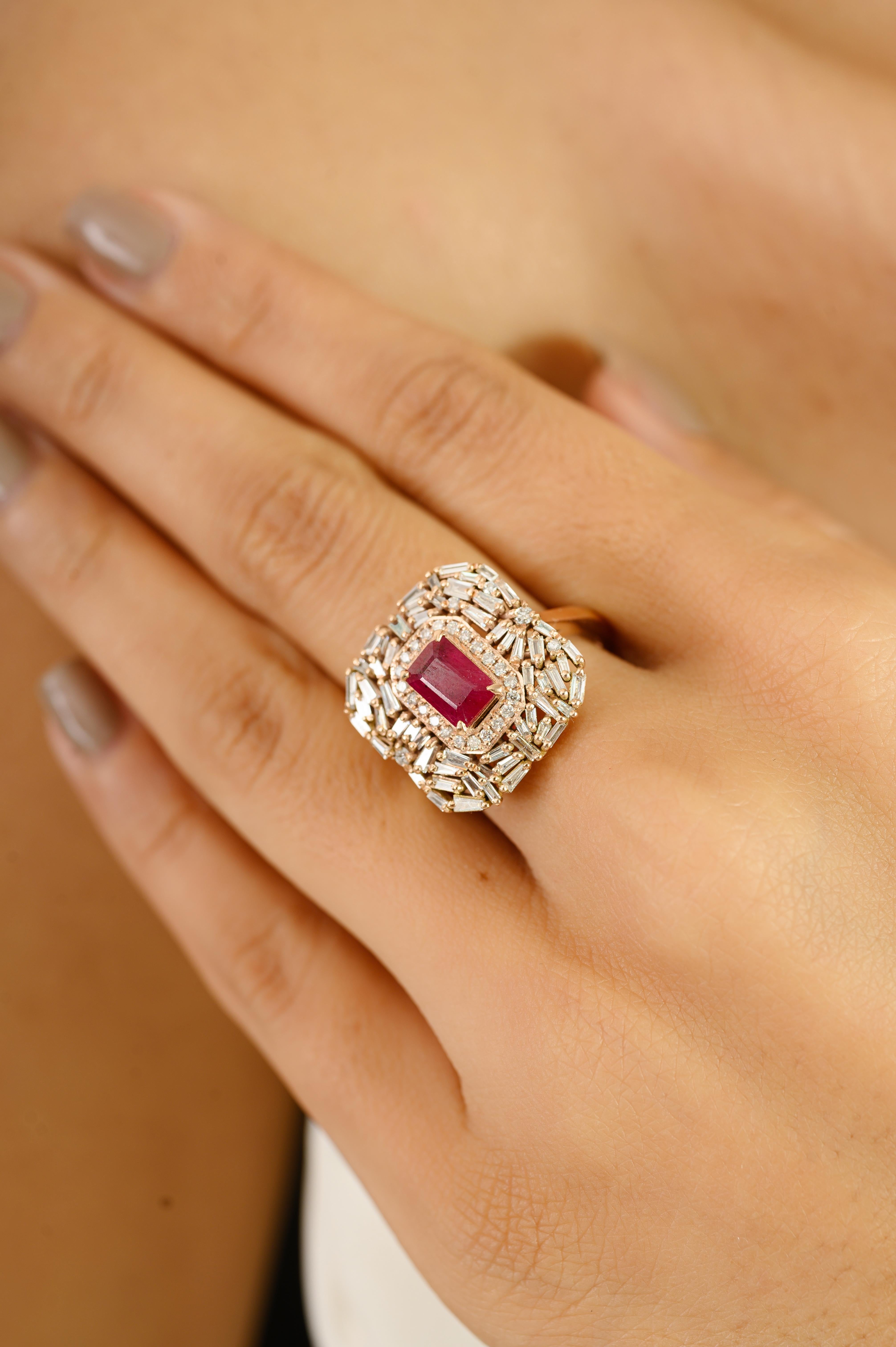 For Sale:  Radiant Ruby Cluster Diamond Statement Cocktail Ring in 14k Solid Rose Gold 10