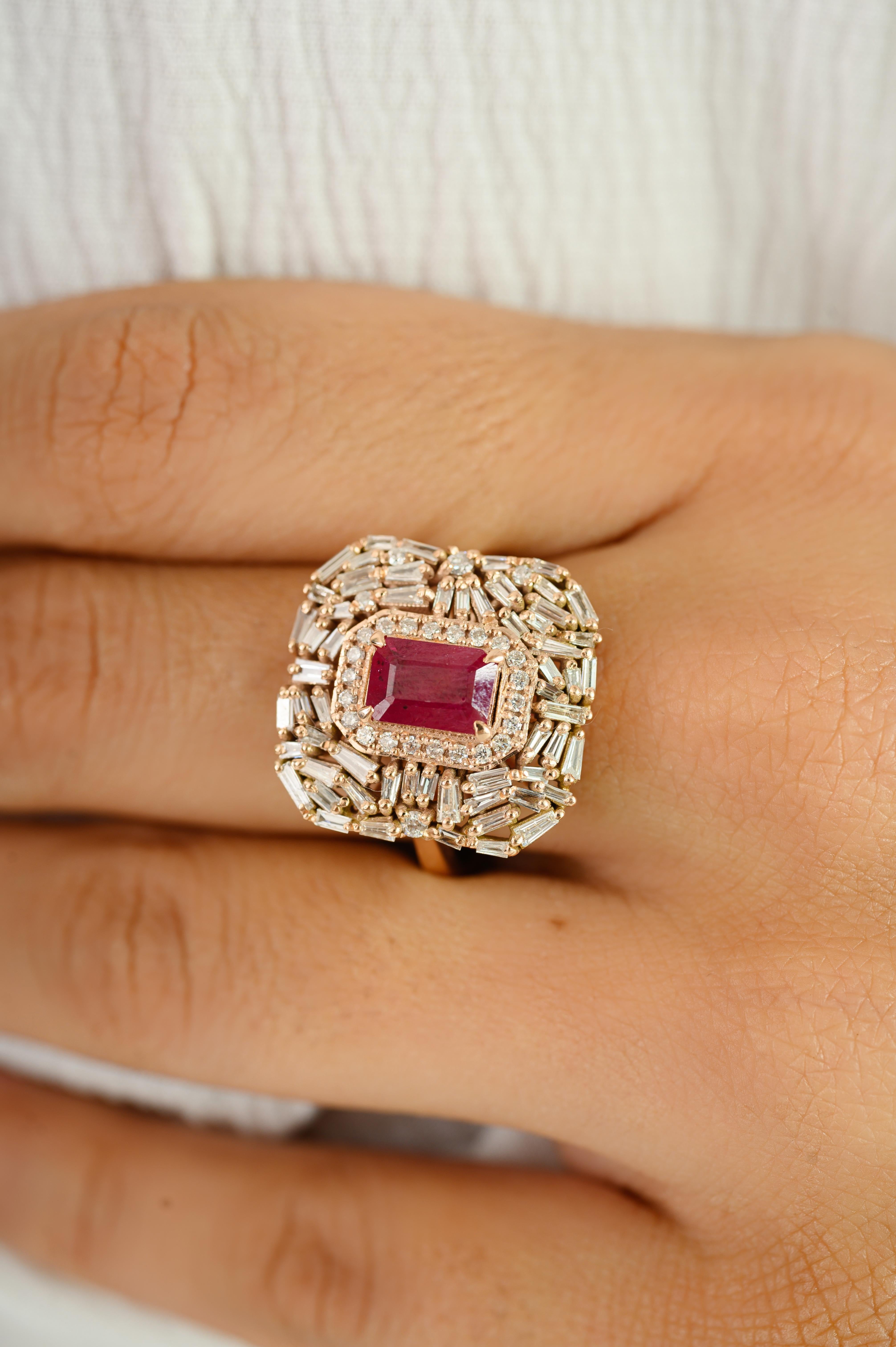 For Sale:  Radiant Ruby Cluster Diamond Statement Cocktail Ring in 14k Solid Rose Gold 2
