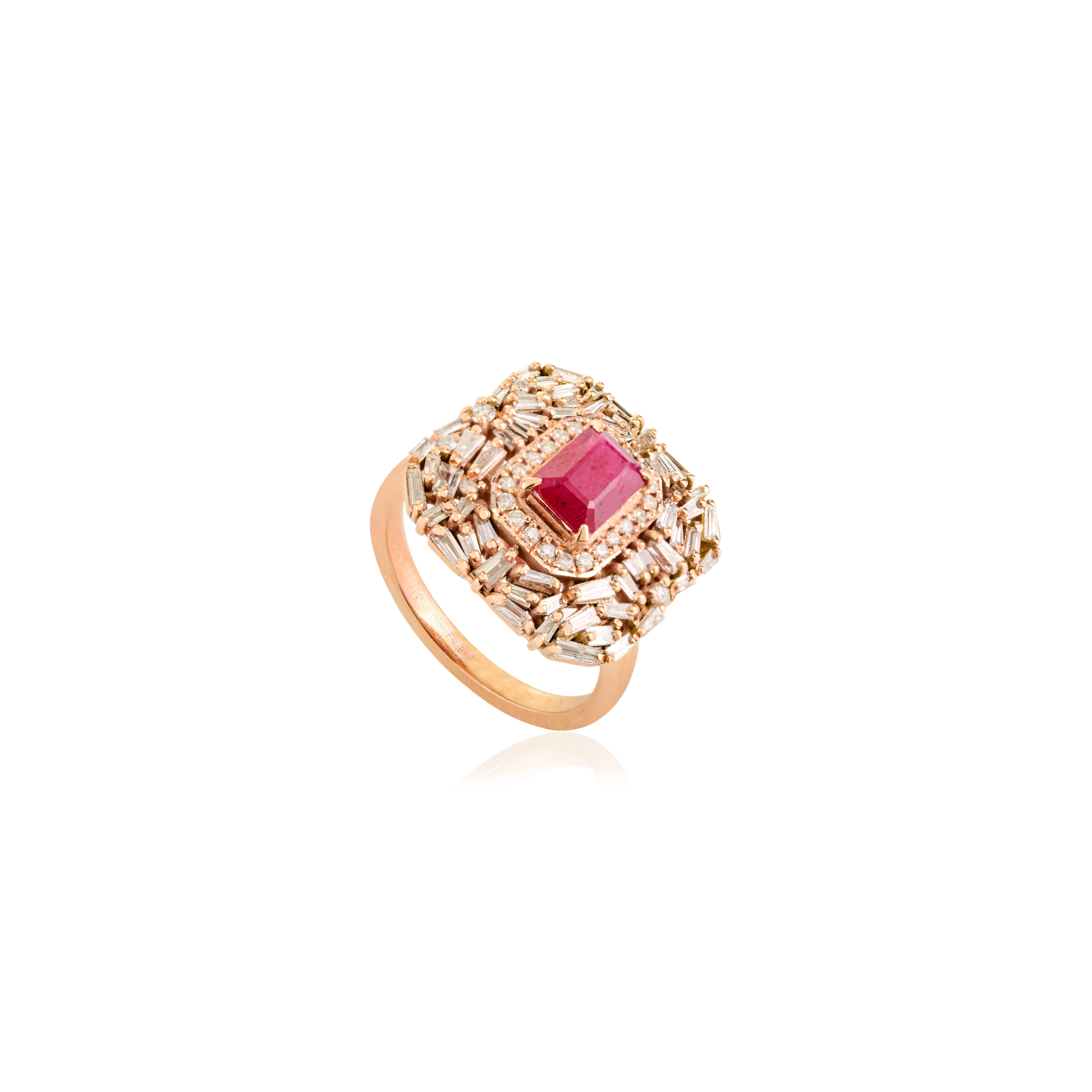 For Sale:  Radiant Ruby Cluster Diamond Statement Cocktail Ring in 14k Solid Rose Gold 3