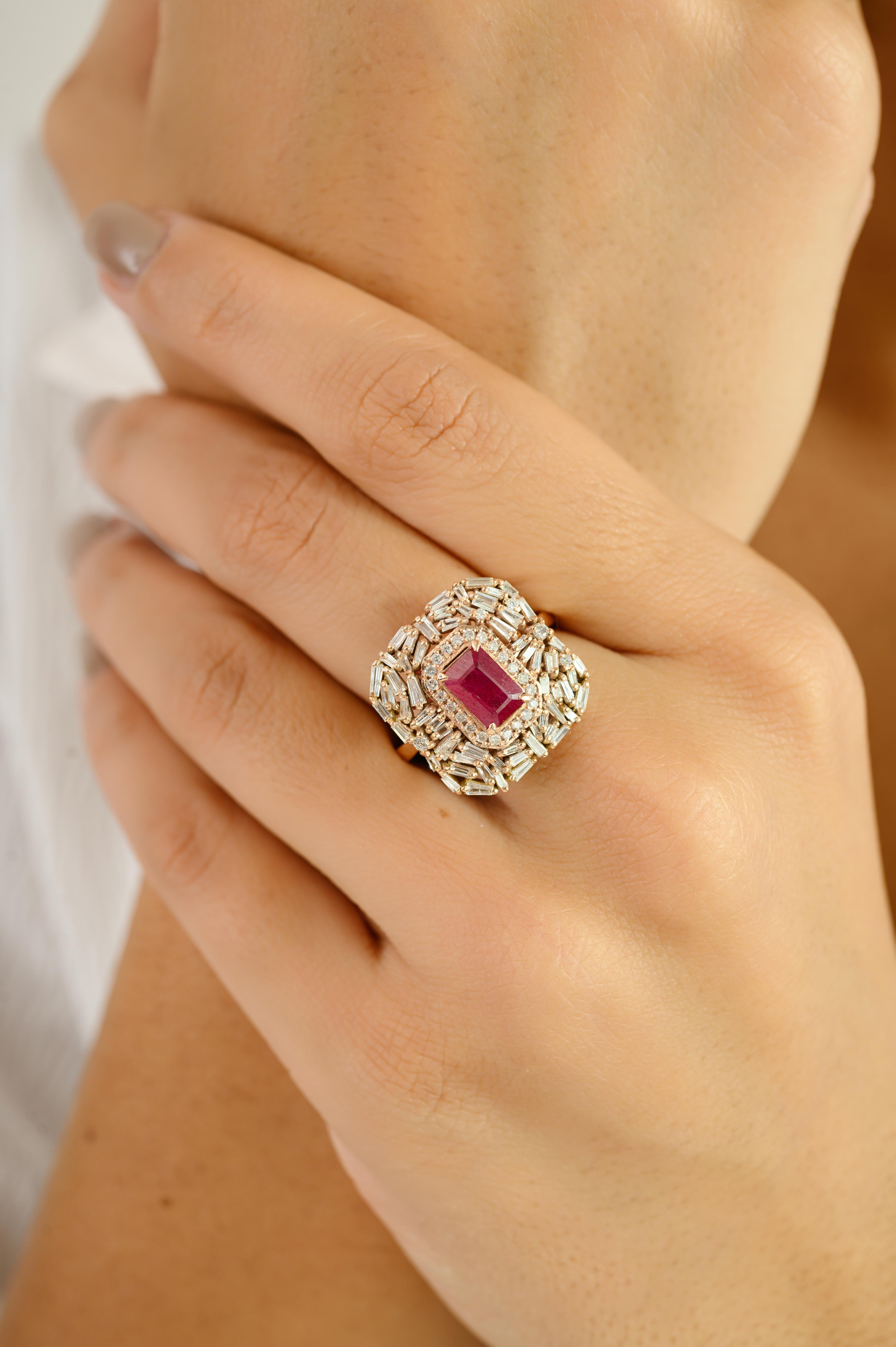 For Sale:  Radiant Ruby Cluster Diamond Statement Cocktail Ring in 14k Solid Rose Gold 4