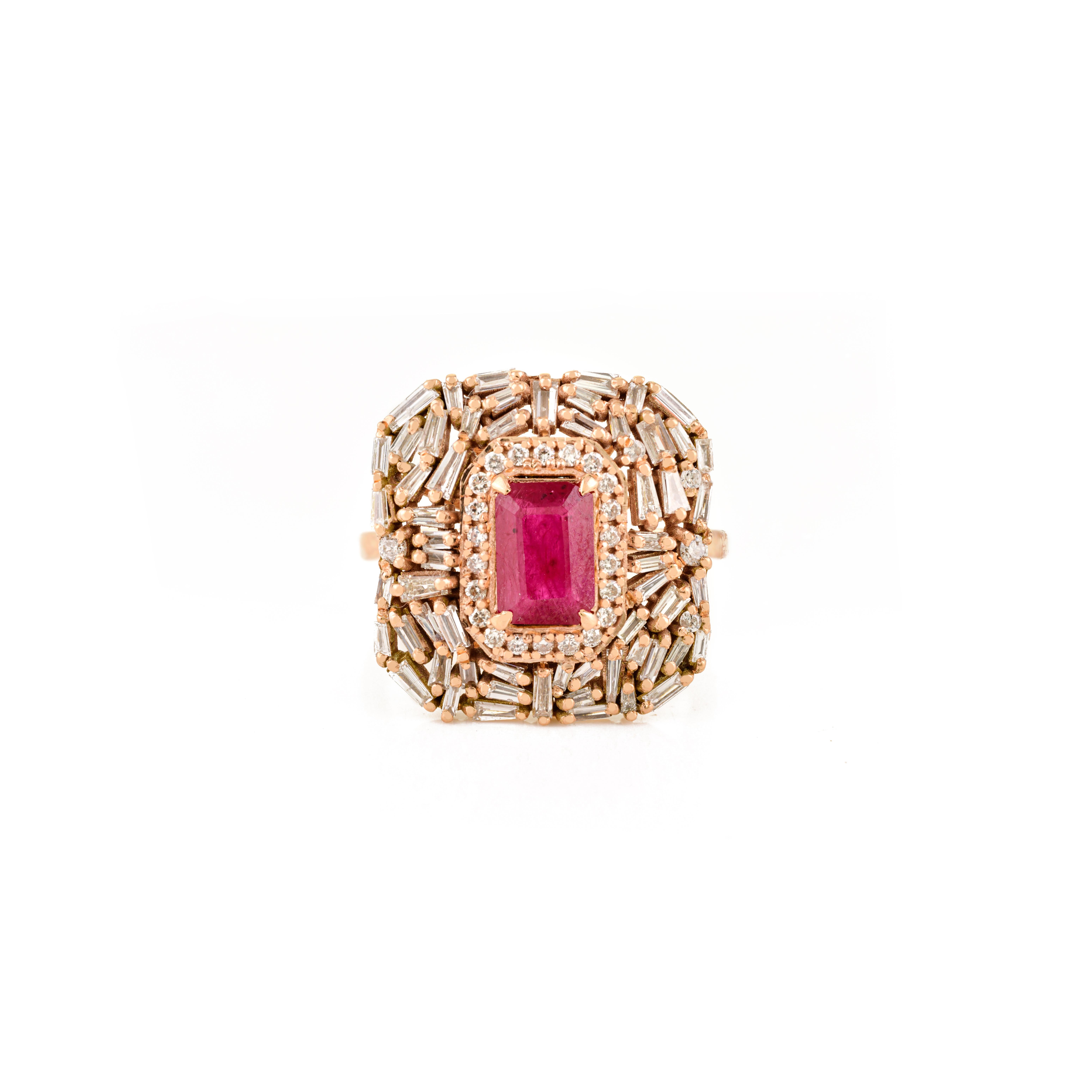 For Sale:  Radiant Ruby Cluster Diamond Statement Cocktail Ring in 14k Solid Rose Gold 5