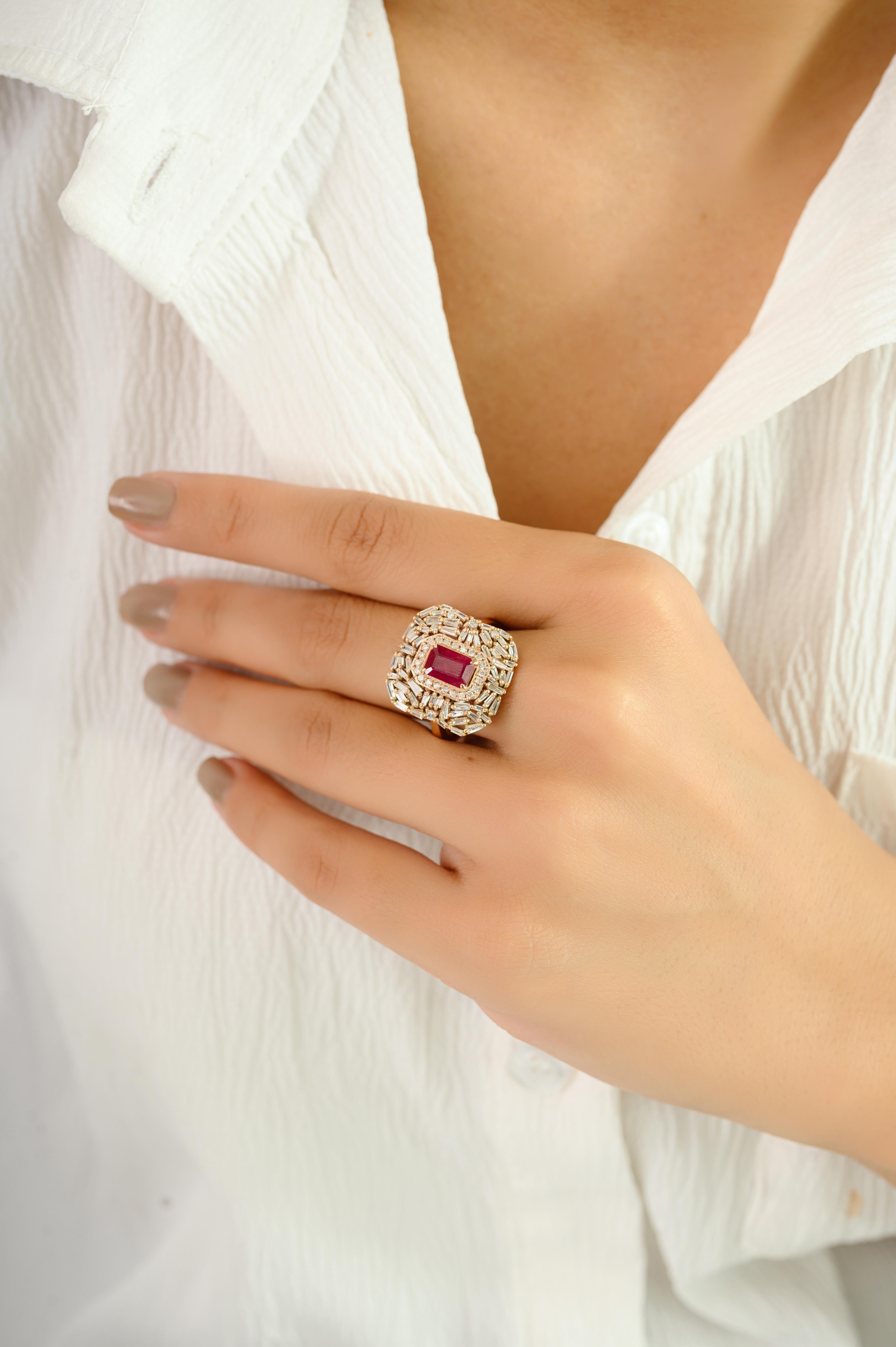 For Sale:  Radiant Ruby Cluster Diamond Statement Cocktail Ring in 14k Solid Rose Gold 6