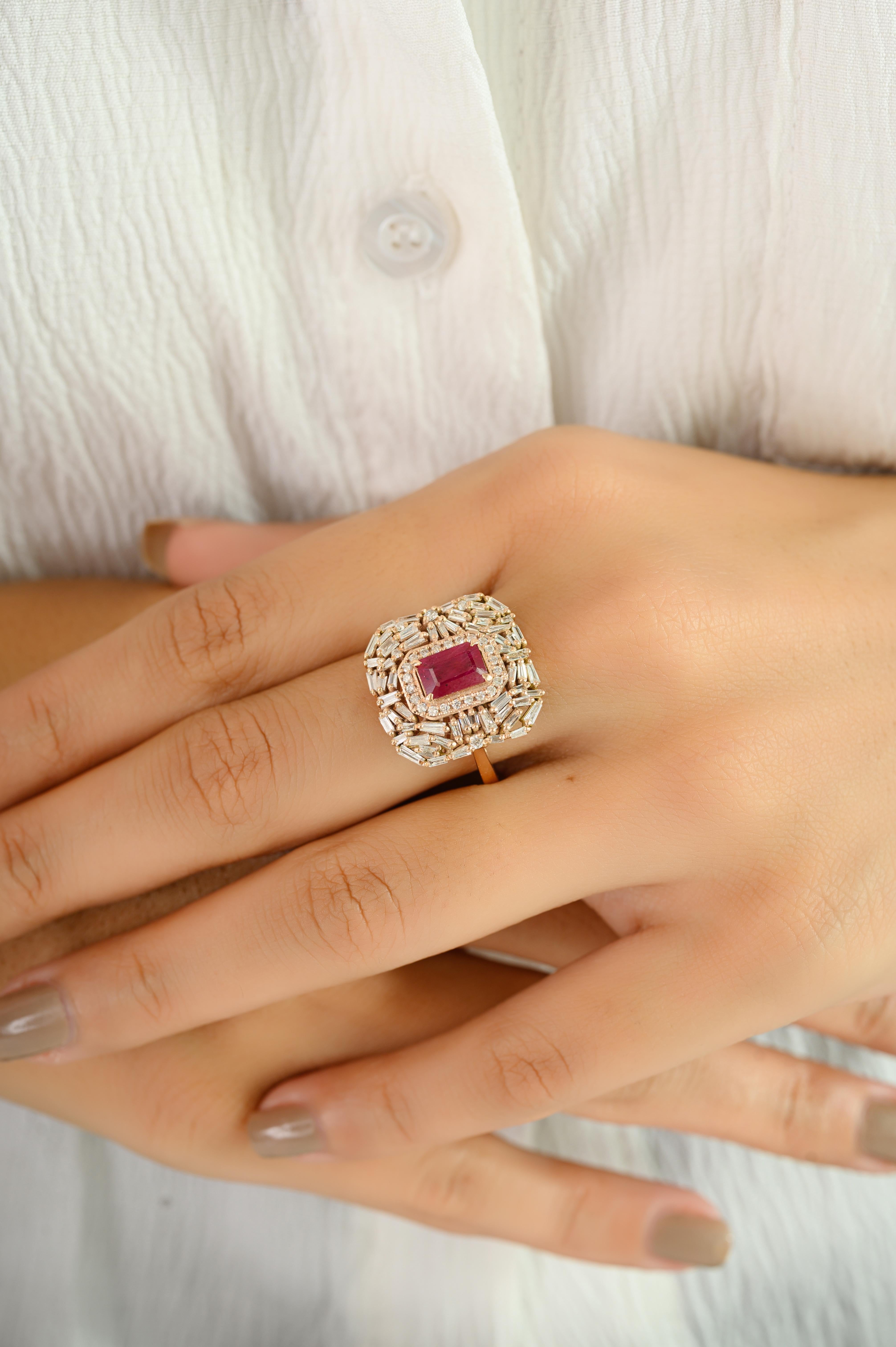 For Sale:  Radiant Ruby Cluster Diamond Statement Cocktail Ring in 14k Solid Rose Gold 8