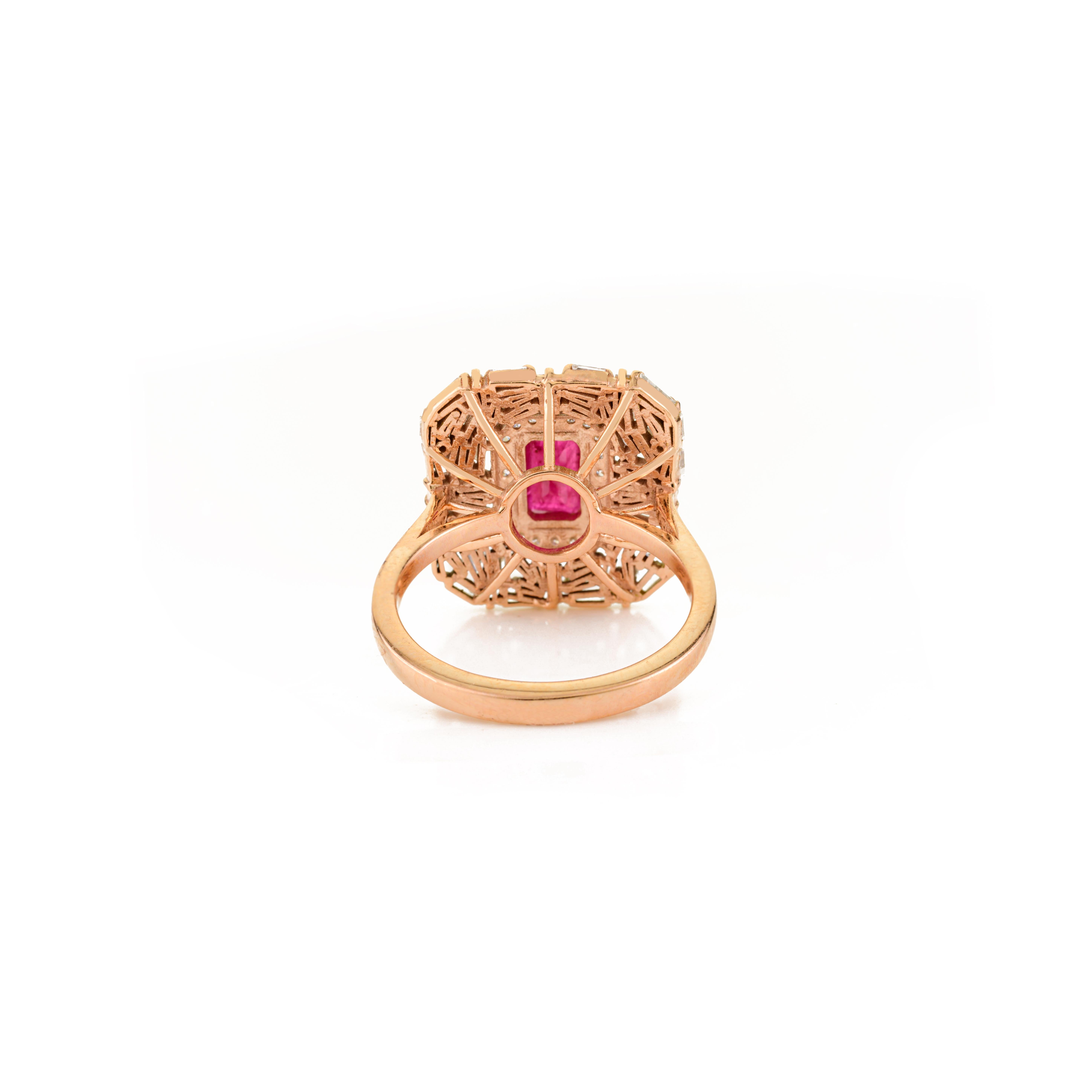 For Sale:  Radiant Ruby Cluster Diamond Statement Cocktail Ring in 14k Solid Rose Gold 9