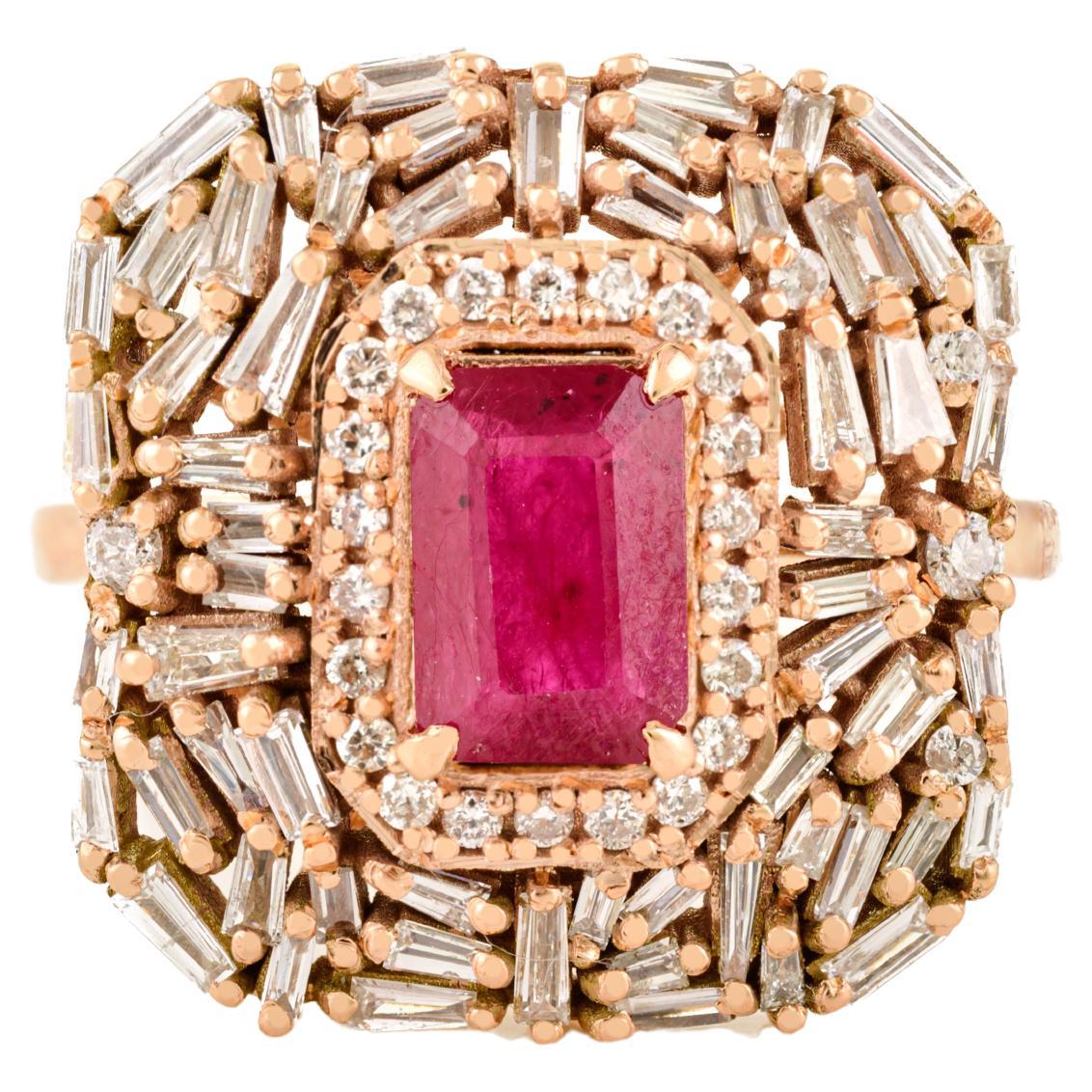 Radiant Ruby Cluster Diamond Statement Cocktail Ring in 14k Solid Rose Gold