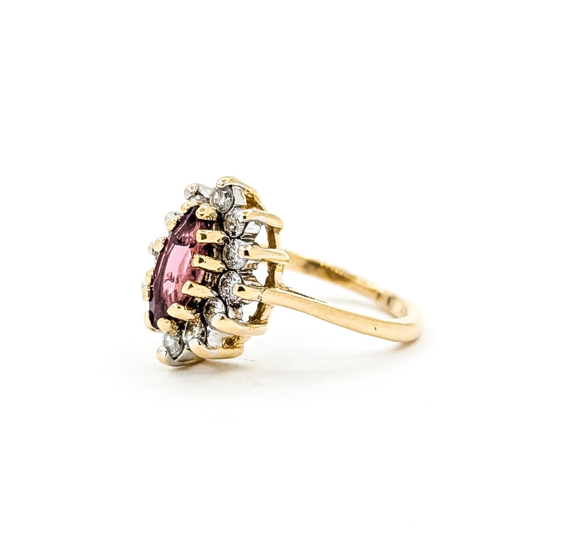 Vittoriano Anello a raggiera con rubino e diamanti in 14 carati in vendita