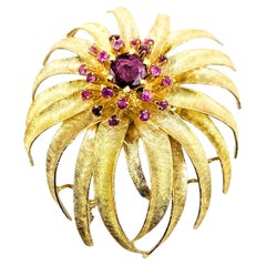 Radiant Ruby Flower Brooch in 18k Yellow Gold