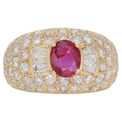 Radiant Ruby Ring in 18K Yellow Gold with 1.13ct Tapered and Round Diamonds