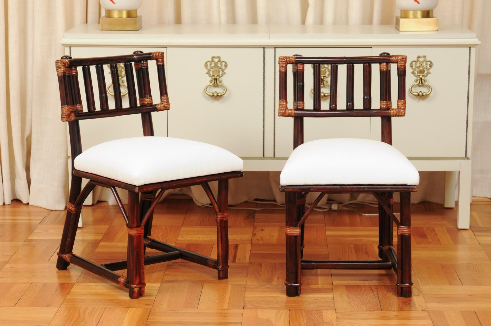 These magnificent dining chairs are shipped as professionally photographed and described in the listing narrative: Meticulously professionally restored and installation ready. Expert custom upholstery service is available.

An exceptional set