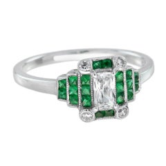 Radiant Shape Diamond & Green Emerald Step  Art Deco Style 14K White Gold Ring