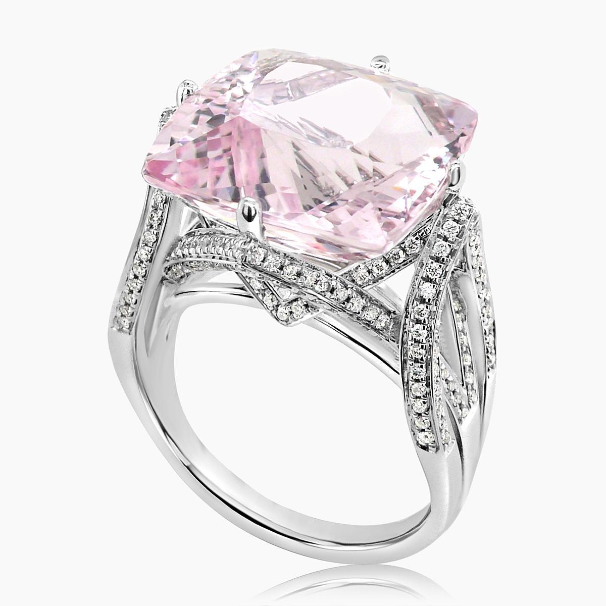 Mixed Cut Radiant Shape Pink Morganite & White Diamond 18K White Gold Ring For Sale
