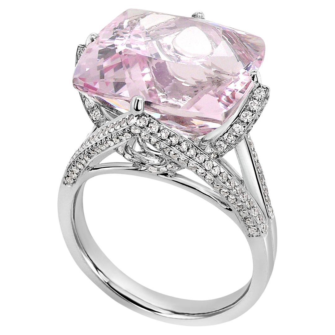 Radiant Shape Pink Morganite & White Diamond 18K White Gold Ring For Sale