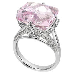 Radiant Shape Pink Morganite & White Diamond 18K White Gold Ring