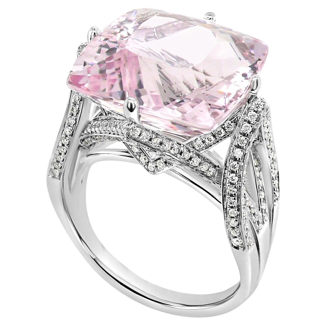 Radiant Shape Pink Morganite & White Diamond 18K White Gold Ring