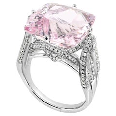 Radiant Shape Pink Morganite & White Diamond 18K White Gold Ring