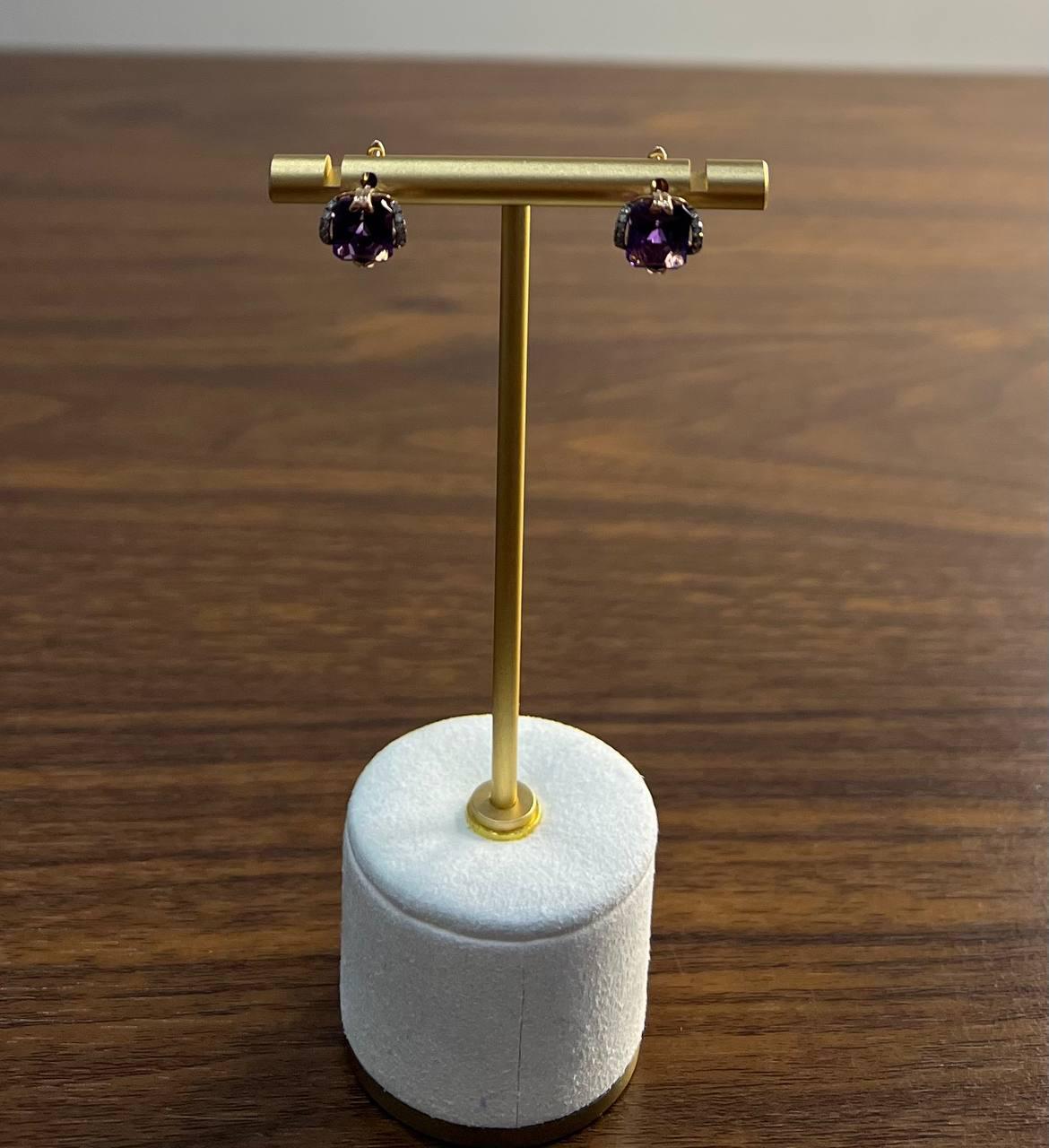 Radiant Shape Purple Violet Amethyst Diamond Bow 14K Rose Gold Stud Earrings For Sale 1
