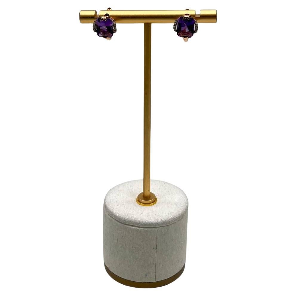 Pendientes de oro rosa de 14 quilates con forma radiante de amatista violeta púrpura con diamante en forma de lazo
